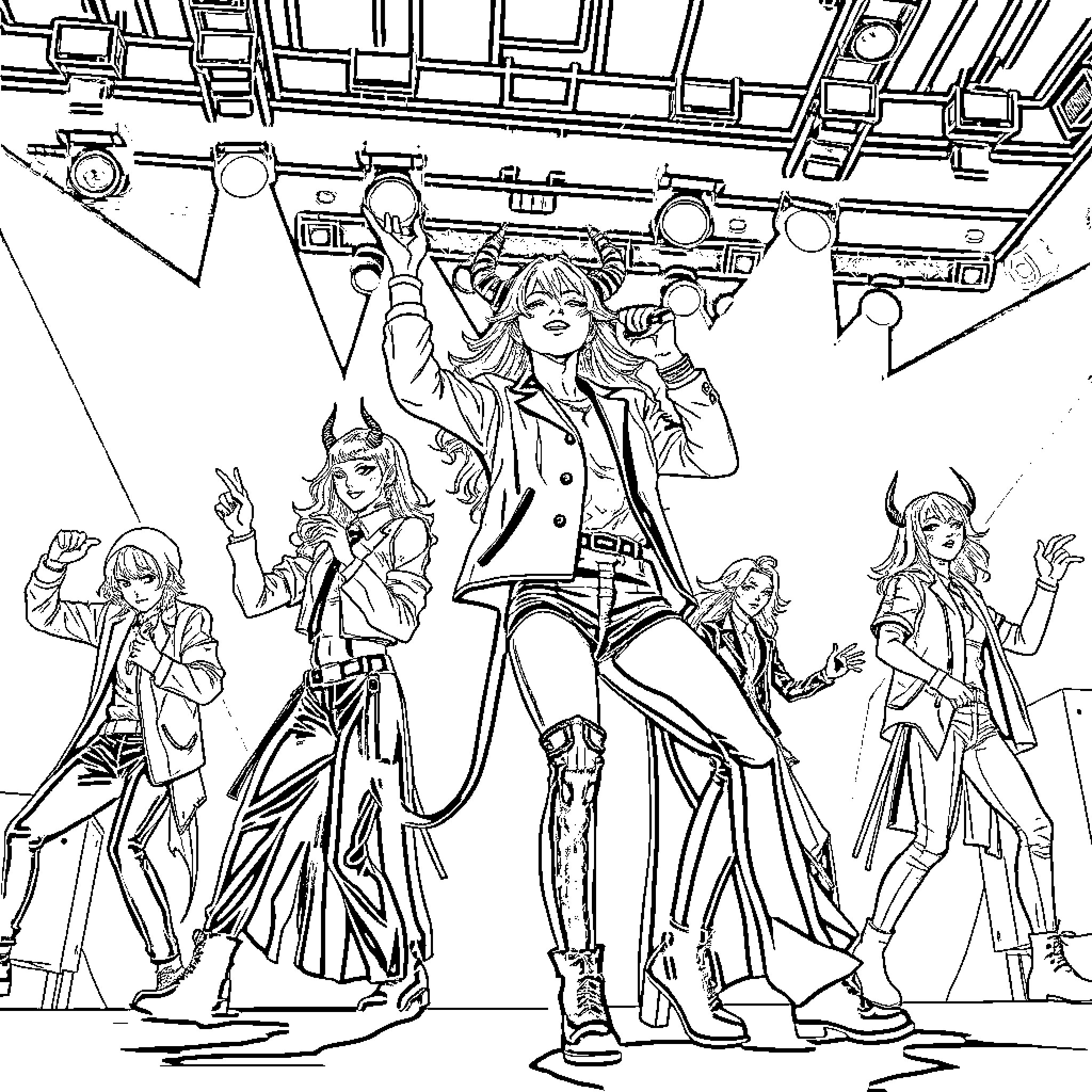 Kpop Demon Hunter: Warriors in Action Coloring Page (free black-and-white line drawing printable PDF for all, from beginners to advanced learners, including children, teens, adults, and seniors)