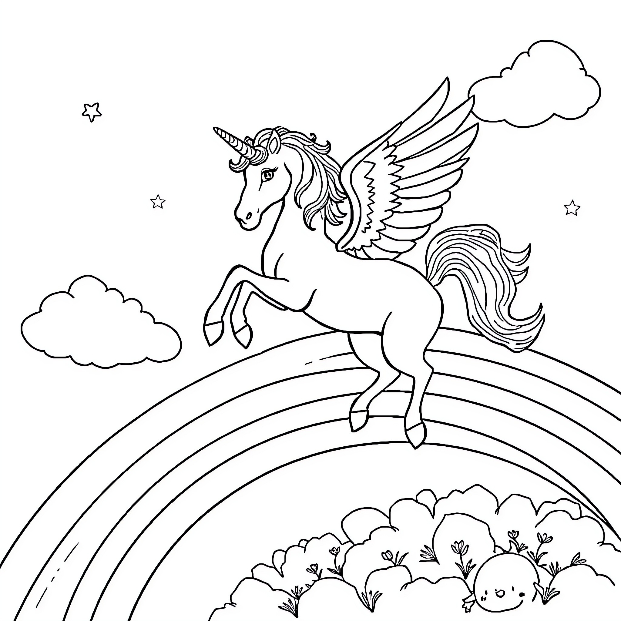 Unicorn soaring over a colorful rainbow Coloring Page (free black-and-white line drawing printable PDF for all, from beginners to advanced learners, including children, teens, adults, and seniors)