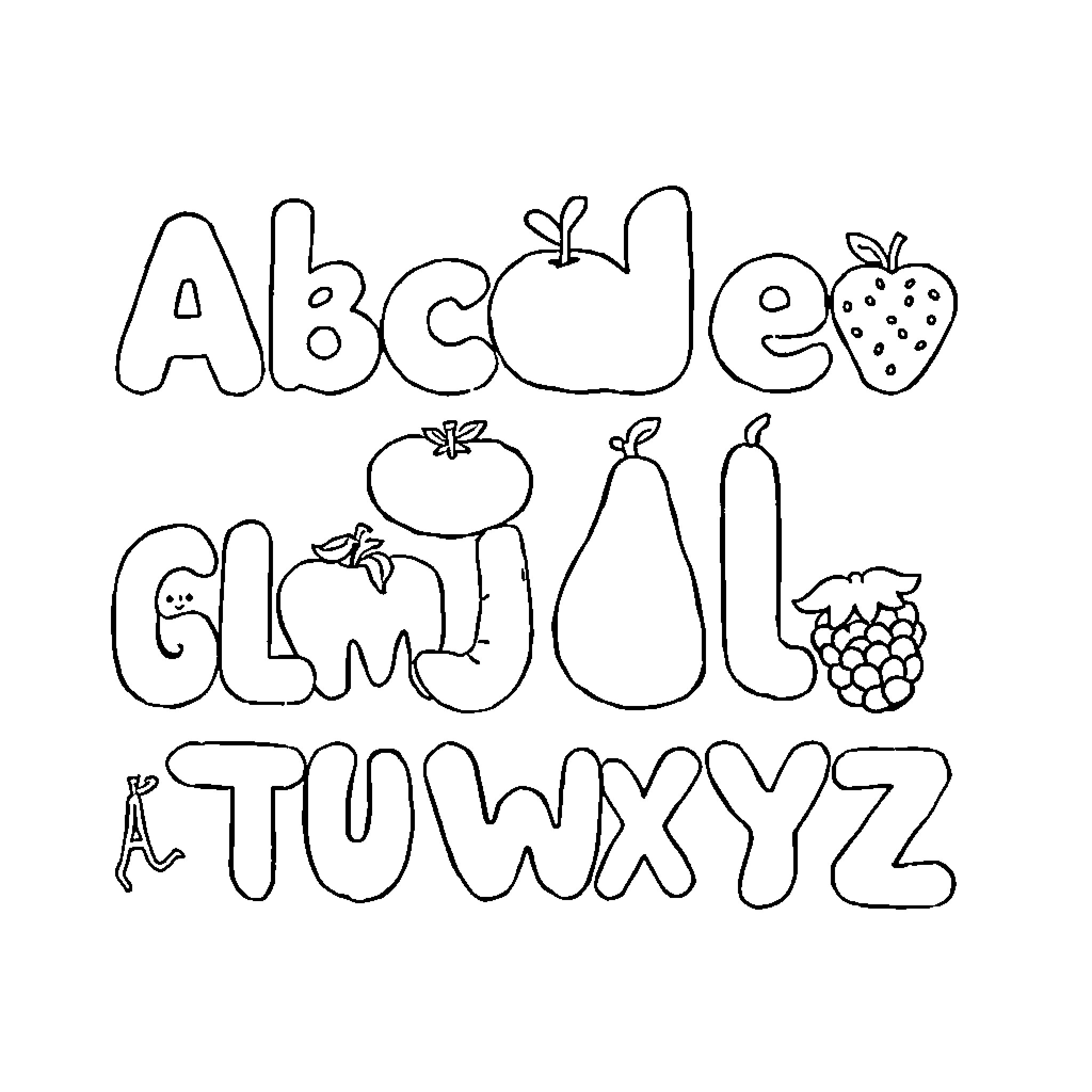 Alphabet of Fruits and Vegetables Coloring Page (free black-and-white line drawing printable PDF for all, from beginners to advanced learners, including children, teens, adults, and seniors)