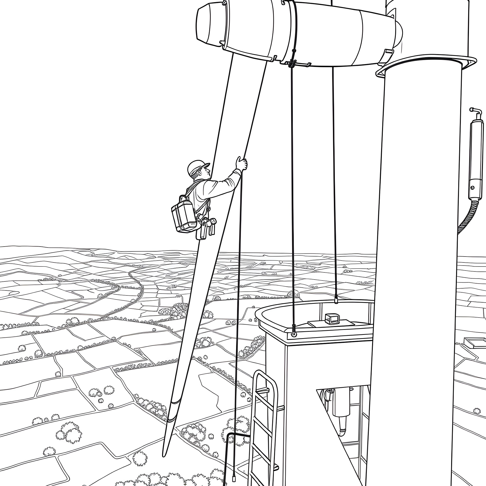 Technician inspecting equipment in the field Coloring Page (free black-and-white line drawing printable PDF for all, from beginners to advanced learners, including children, teens, adults, and seniors)