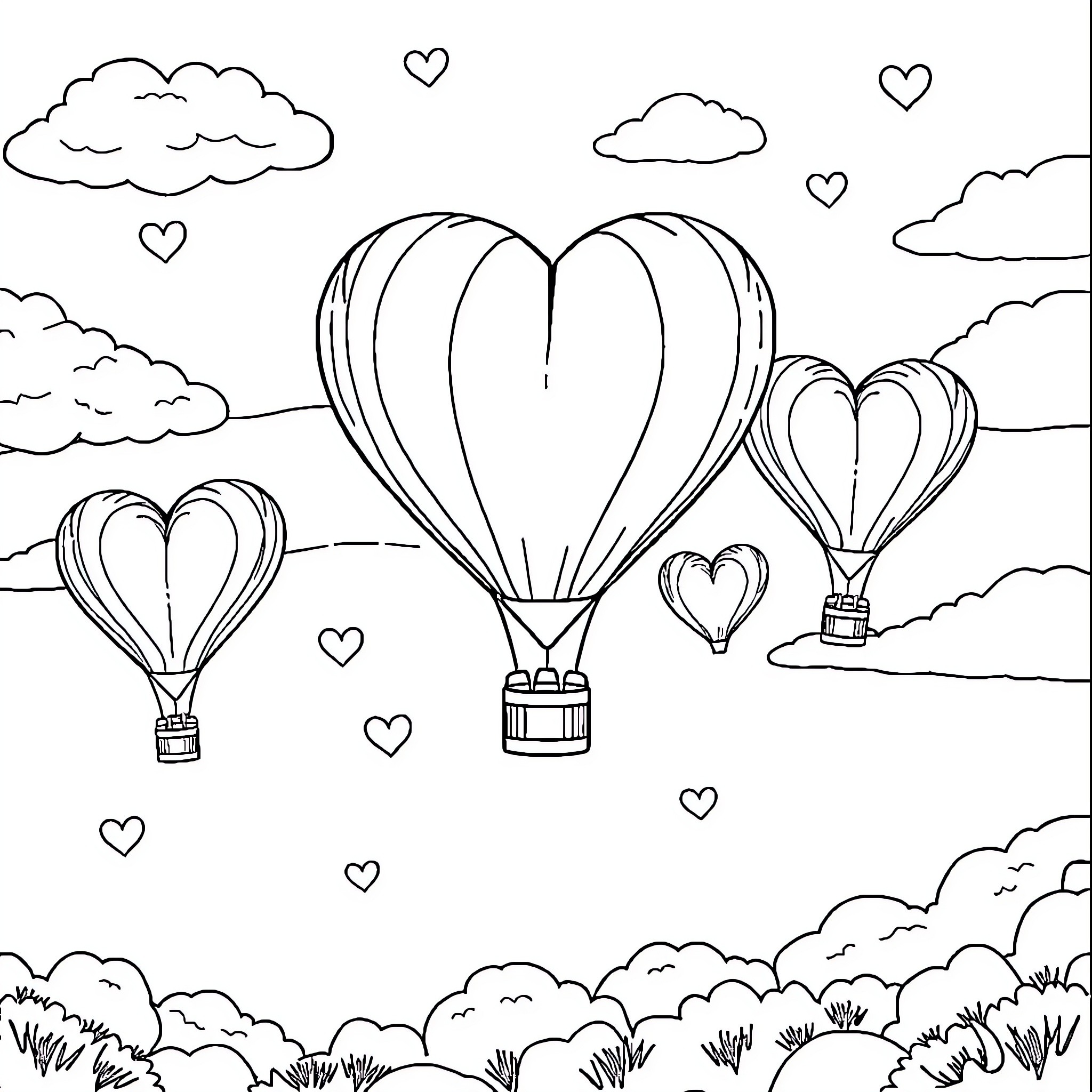 Heart-shaped Hot Air Balloons Floating in the Sky Coloring Page (free black-and-white line drawing printable PDF for all, from beginners to advanced learners, including children, teens, adults, and seniors)