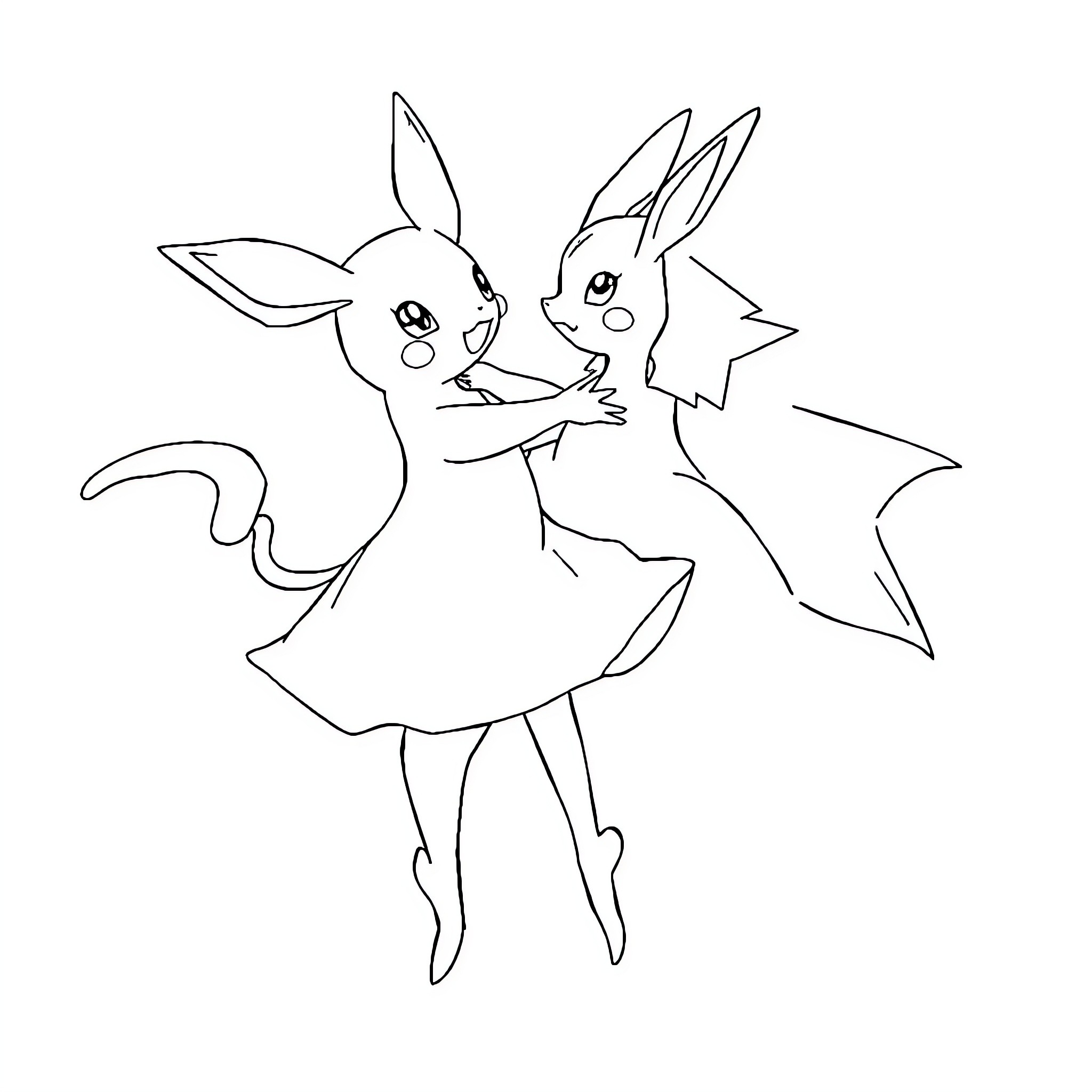 Pokémon characters dancing playfully Coloring Page (free black-and-white line drawing printable PDF for all, from beginners to advanced learners, including children, teens, adults, and seniors)