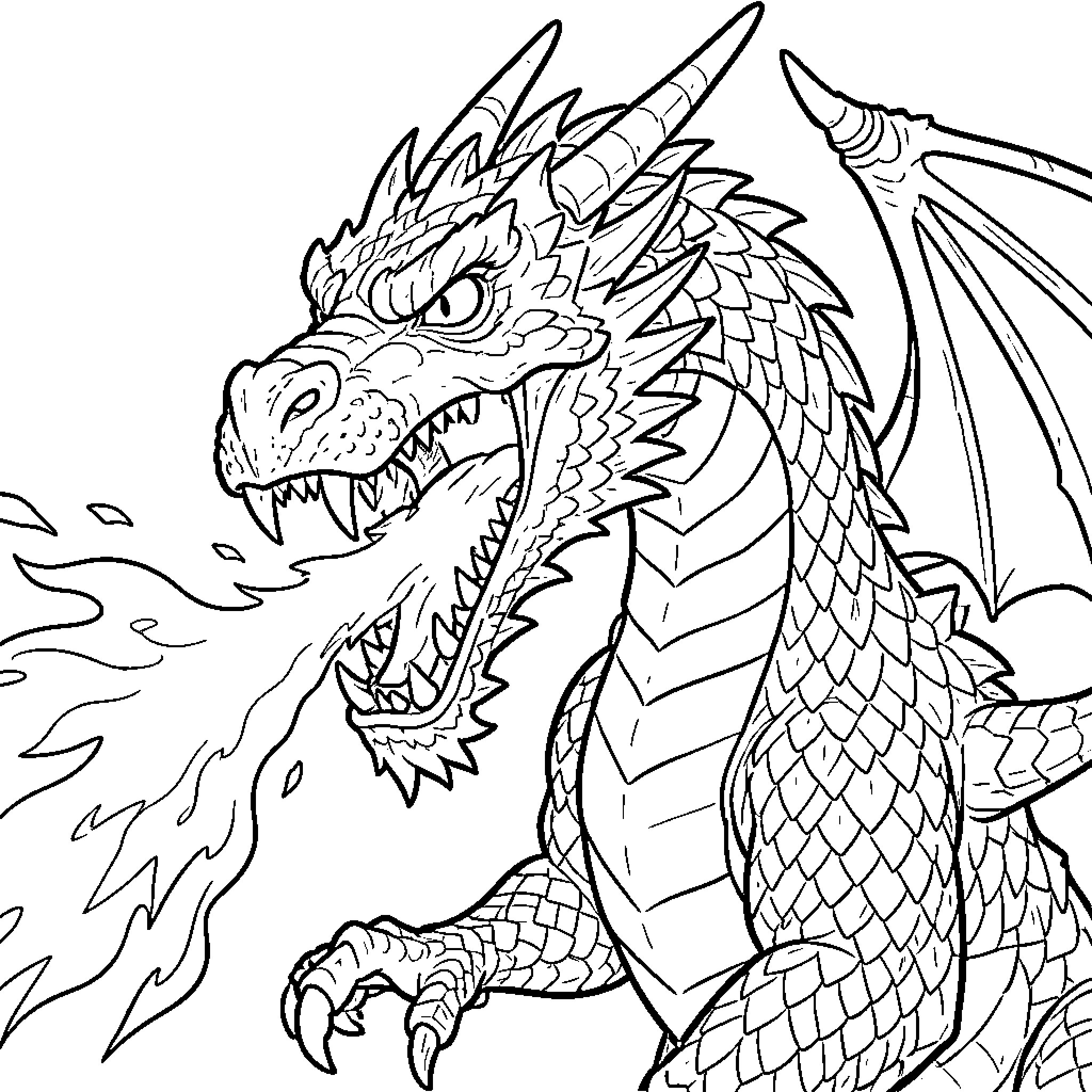 Dragon breathing intense fire with a fierce expression Coloring Page (free black-and-white line drawing printable PDF for all, from beginners to advanced learners, including children, teens, adults, and seniors)