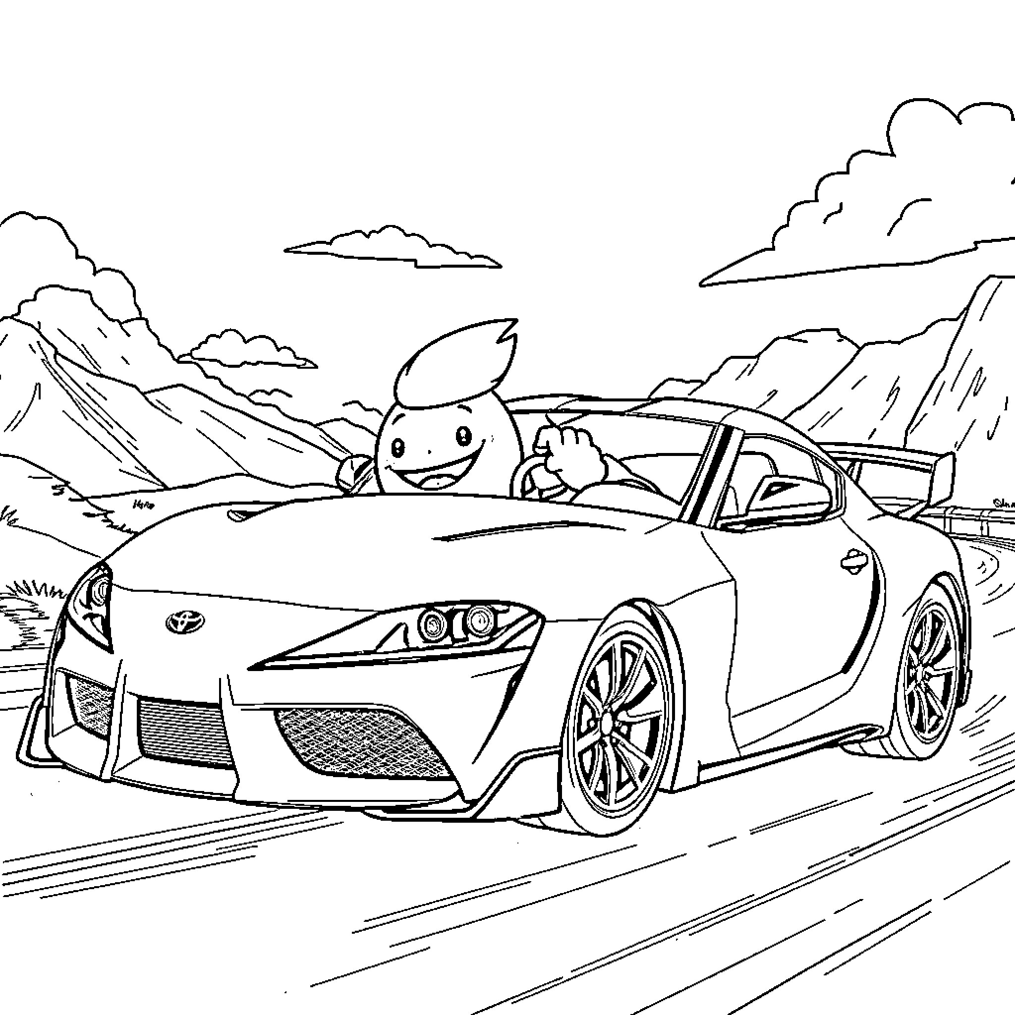 Huggy's Joyride Through the Mountain Landscape Coloring Page (free black-and-white line drawing printable PDF for all, from beginners to advanced learners, including children, teens, adults, and seniors)