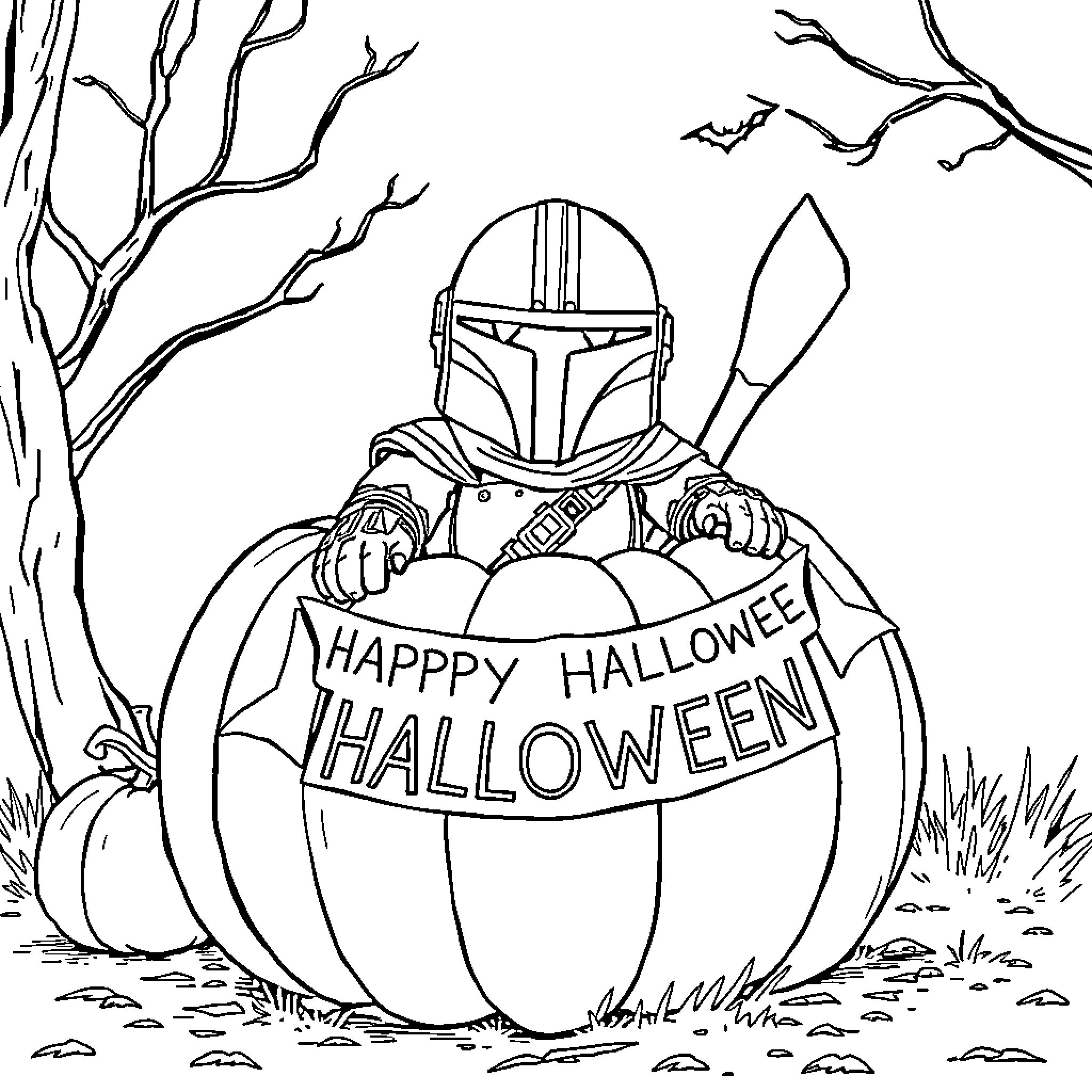 Grogu's Halloween Trick-or-Treating Adventure Coloring Page (free black-and-white line drawing printable PDF for all, from beginners to advanced learners, including children, teens, adults, and seniors)