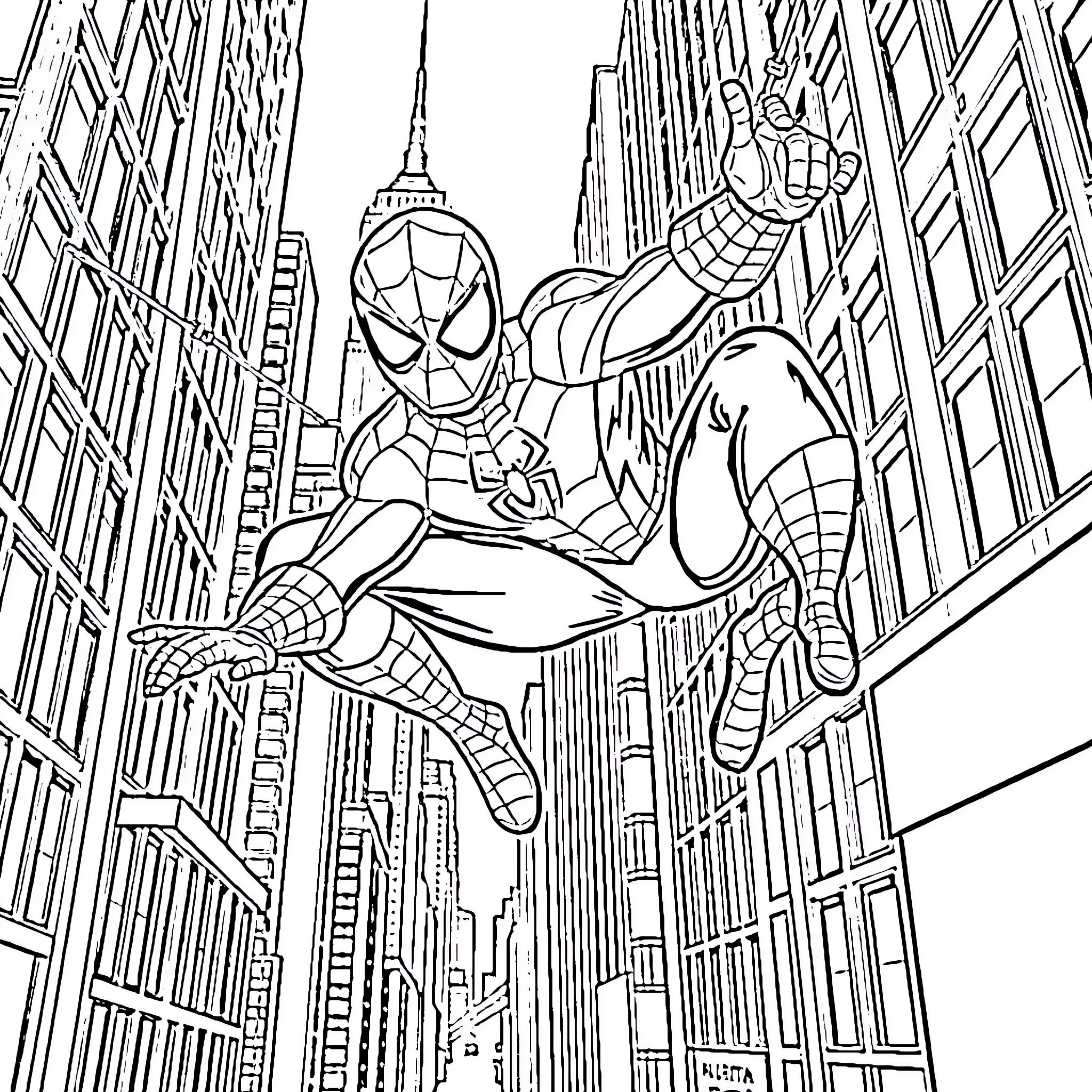 Spiderman swinging through the city skyline Coloring Page (free black-and-white line drawing printable PDF for all, from beginners to advanced learners, including children, teens, adults, and seniors)
