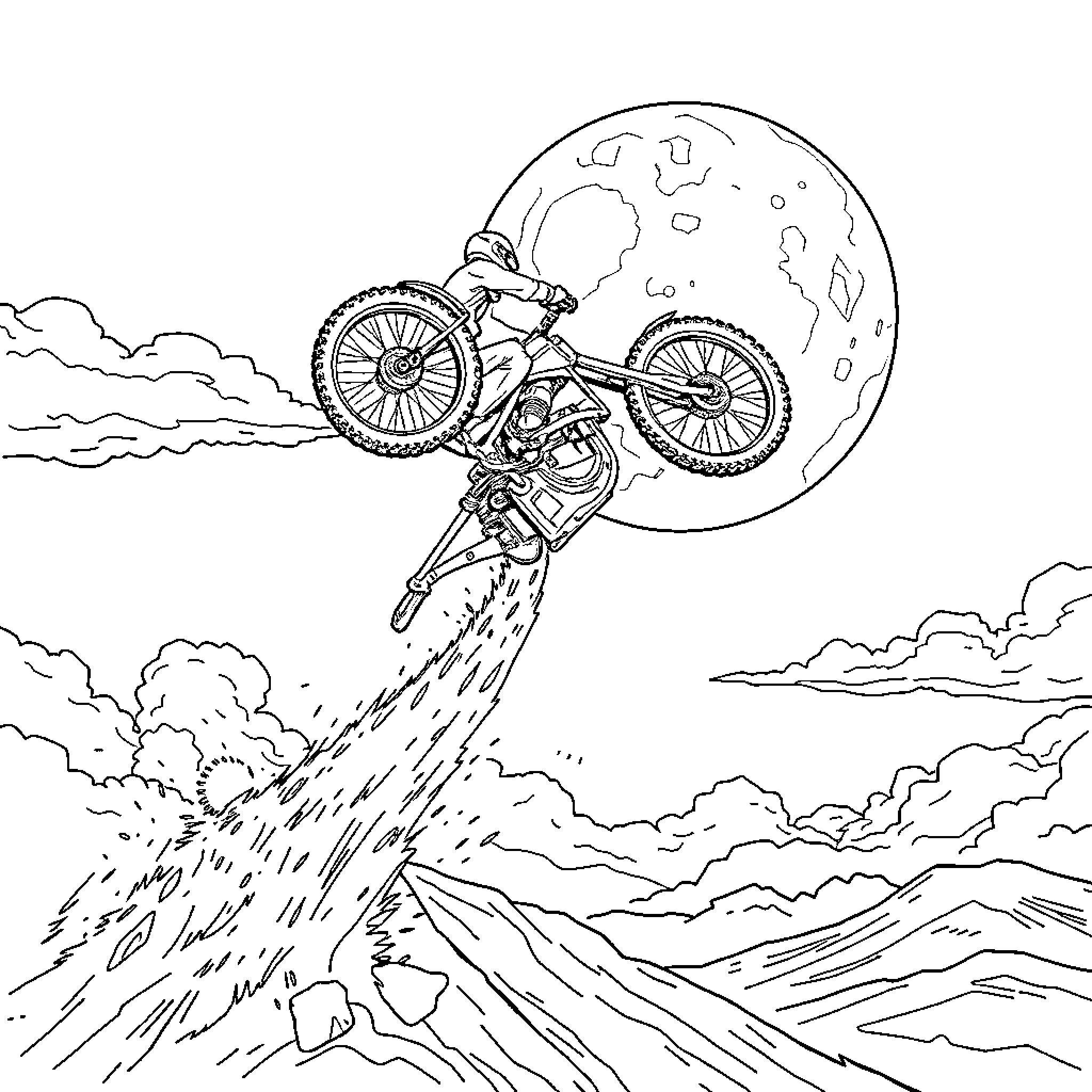 Dirt Bike Soaring Over Rugged Terrain Under the Moon Coloring Page (free black-and-white line drawing printable PDF for all, from beginners to advanced learners, including children, teens, adults, and seniors)