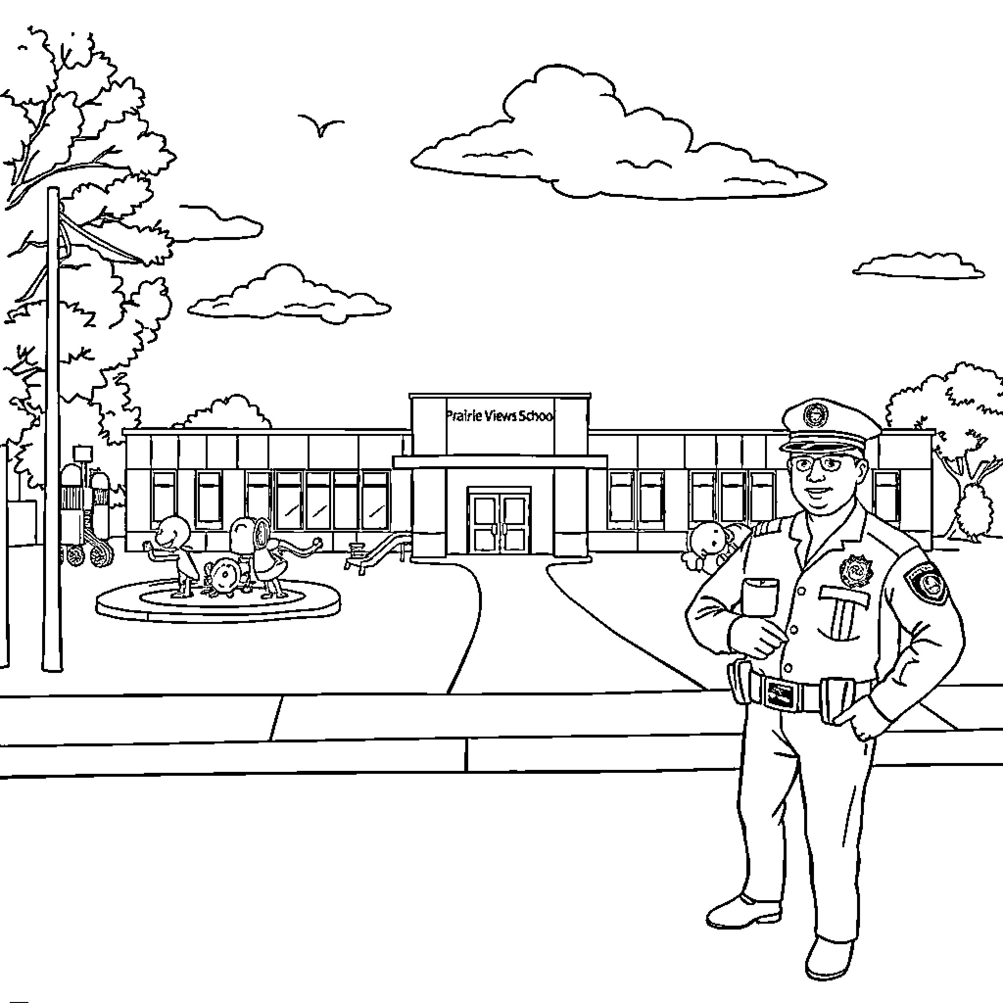 School Police Officer Guarding the Schoolyard Coloring Page (free black-and-white line drawing printable PDF for all, from beginners to advanced learners, including children, teens, adults, and seniors)