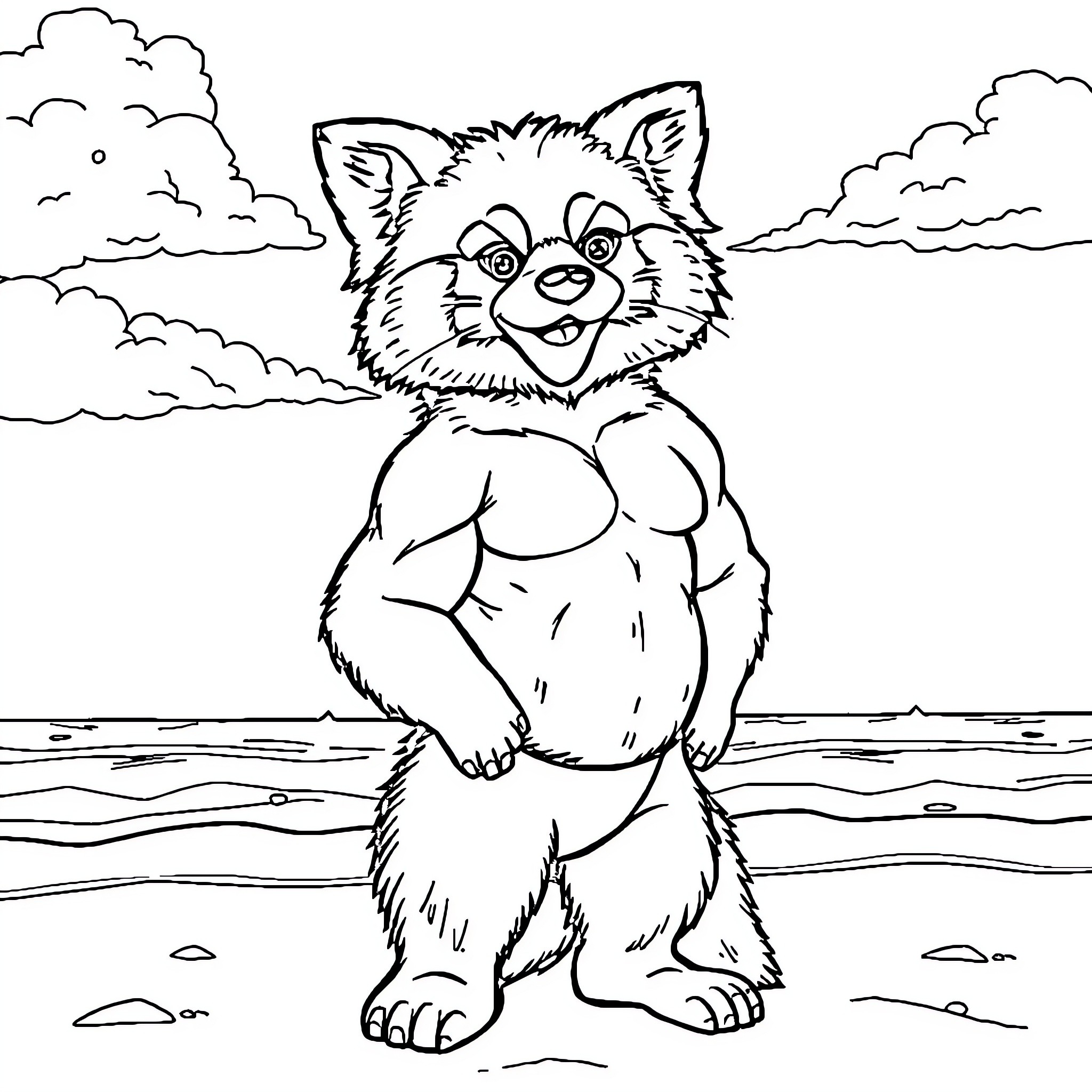 Panda posing confidently on the beach Coloring Page (free black-and-white line drawing printable PDF for all, from beginners to advanced learners, including children, teens, adults, and seniors)