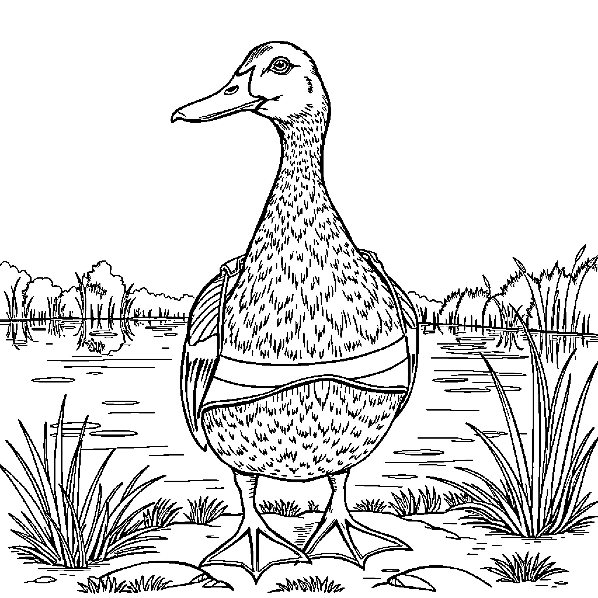 Duck wading through a pond amidst tall grasses Coloring Page (free black-and-white line drawing printable PDF for all, from beginners to advanced learners, including children, teens, adults, and seniors)