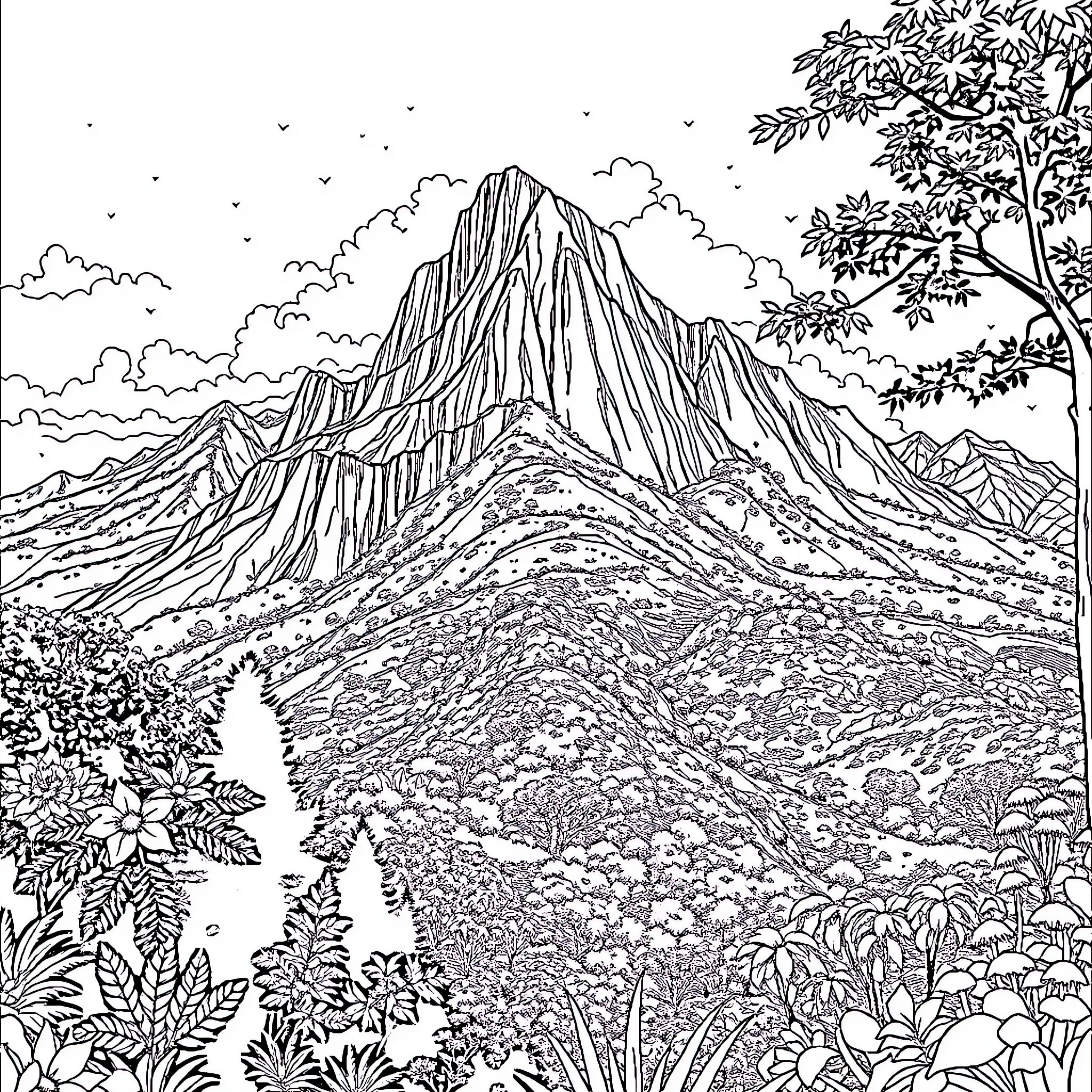 Mountain View with Lush Foliage and Flowing Landscapes Coloring Page (free black-and-white line drawing printable PDF for all, from beginners to advanced learners, including children, teens, adults, and seniors)