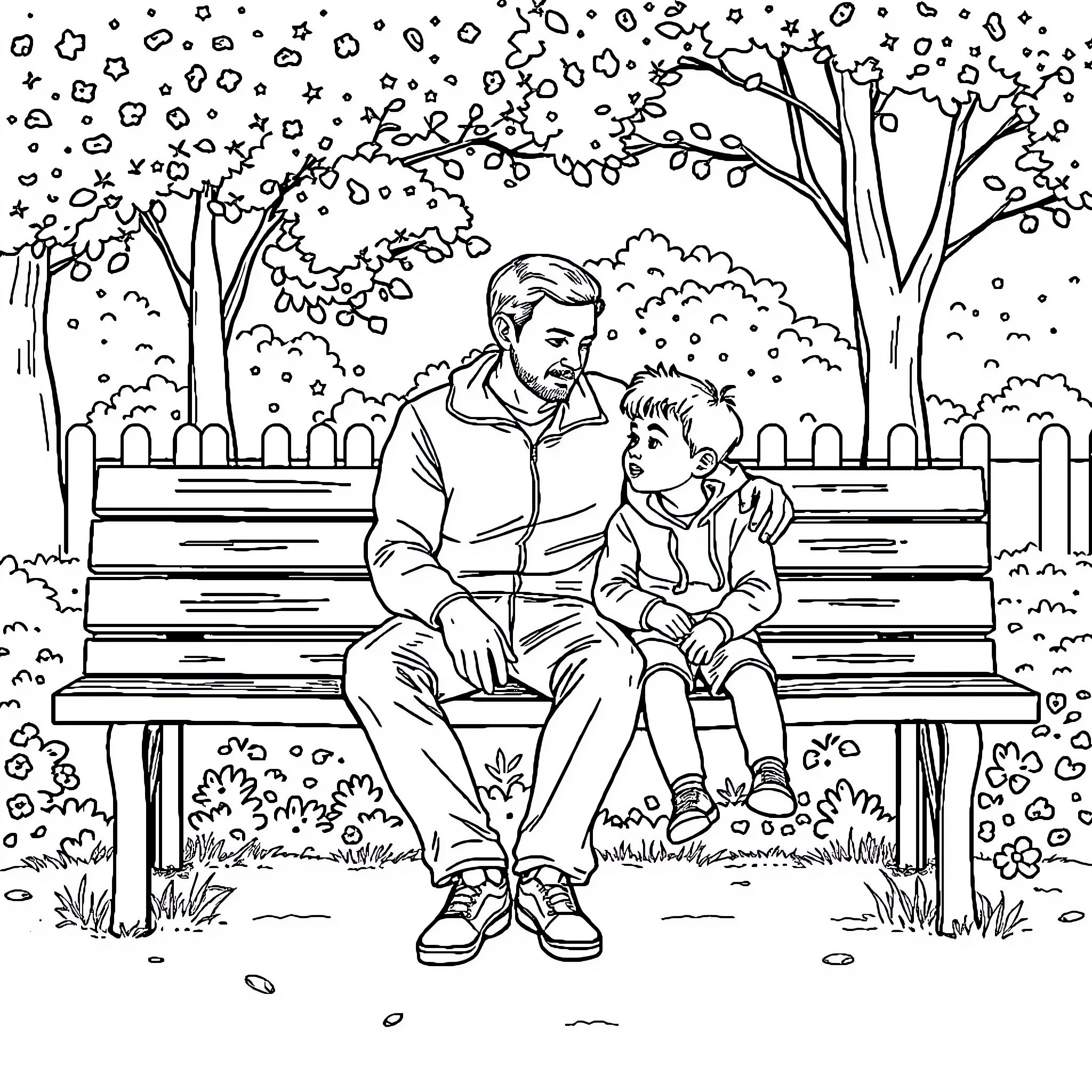 Dad spending quality time with his son in the park Coloring Page (free black-and-white line drawing printable PDF for all, from beginners to advanced learners, including children, teens, adults, and seniors)