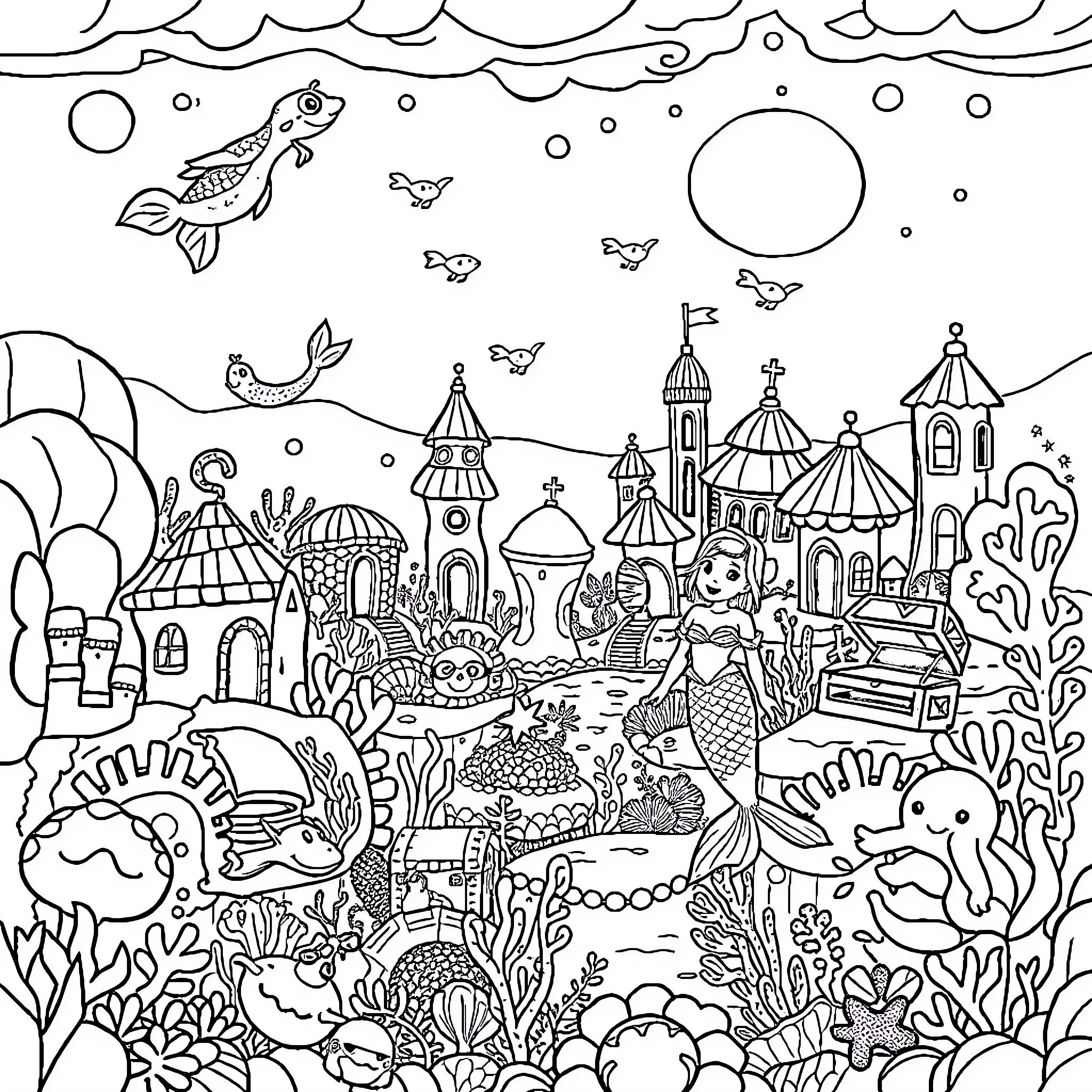 Underwater City with Whimsical Creatures and Structures Coloring Page (free black-and-white line drawing printable PDF for all, from beginners to advanced learners, including children, teens, adults, and seniors)