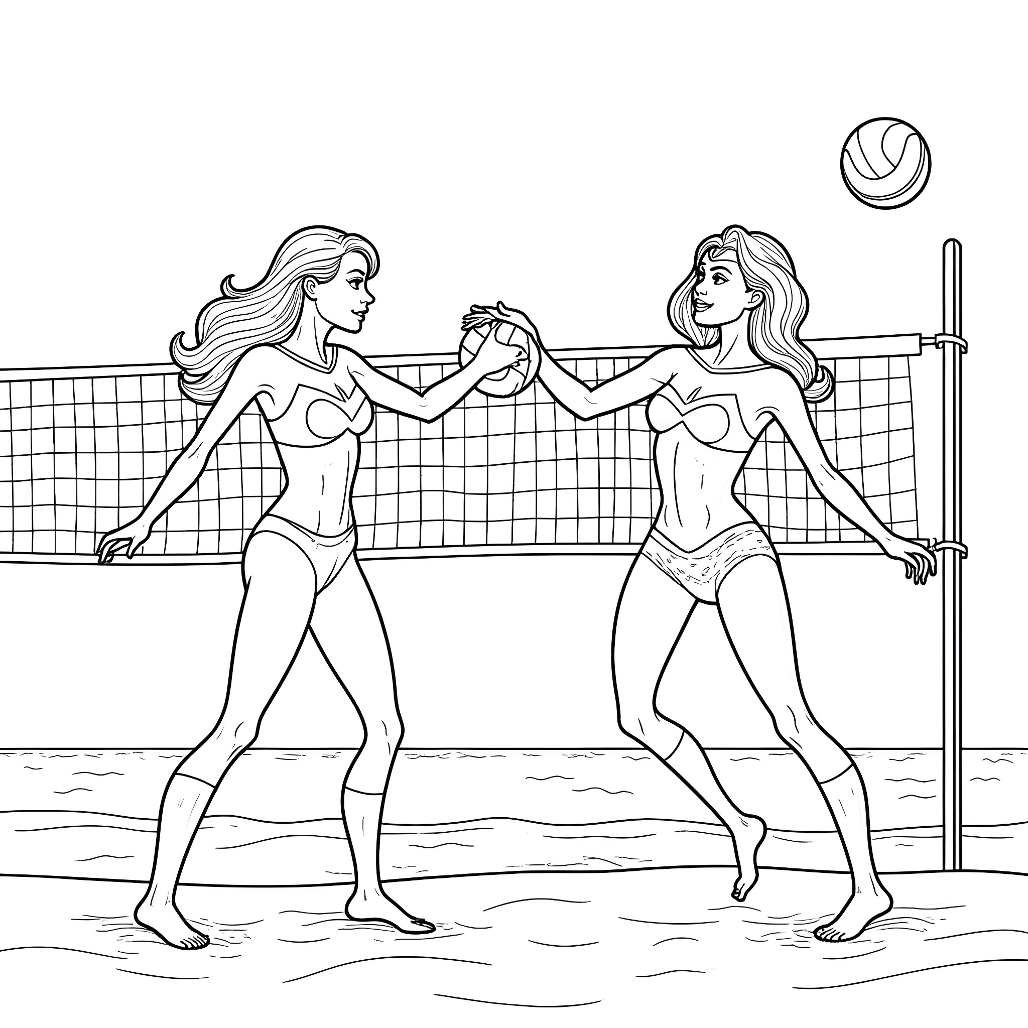 Batgirl playing volleyball on the beach Coloring Page (free black-and-white line drawing printable PDF for all, from beginners to advanced learners, including children, teens, adults, and seniors)