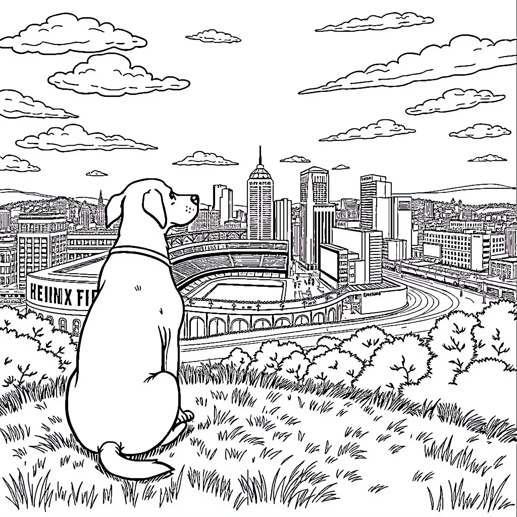 Dog overlooking the city skyline Coloring Page (free black-and-white line drawing printable PDF for all, from beginners to advanced learners, including children, teens, adults, and seniors)