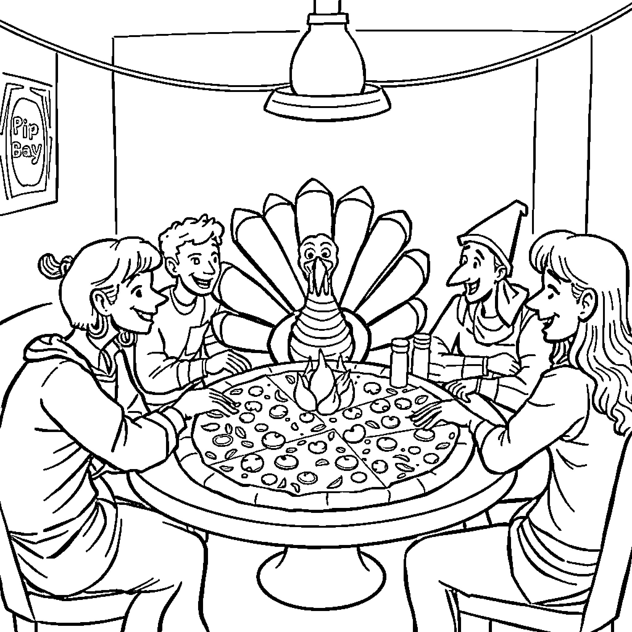 Turkey family enjoying Thanksgiving dinner together Coloring Page (free black-and-white line drawing printable PDF for all, from beginners to advanced learners, including children, teens, adults, and seniors)