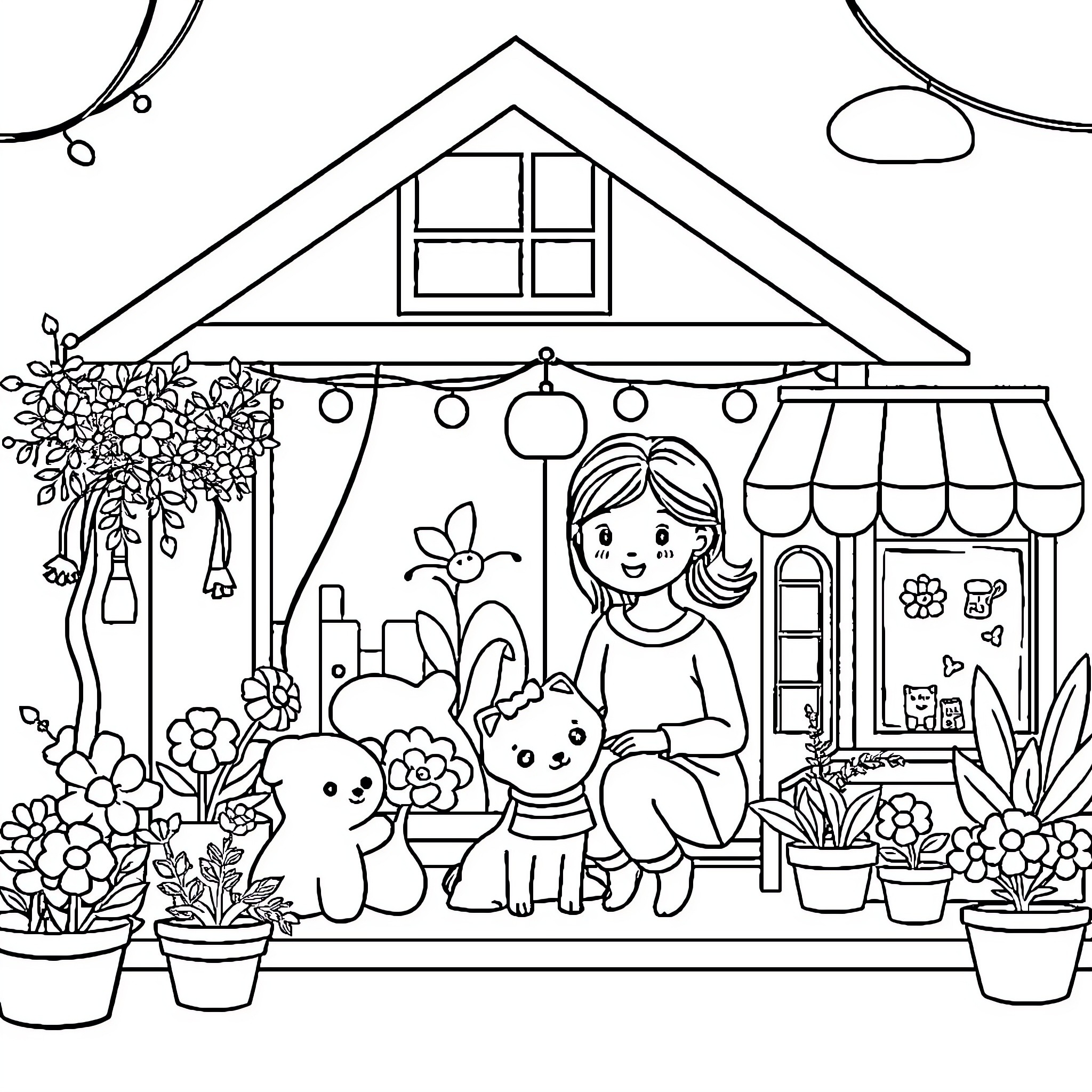 Mom enjoying quality time with her pets in the garden Coloring Page (free black-and-white line drawing printable PDF for all, from beginners to advanced learners, including children, teens, adults, and seniors)