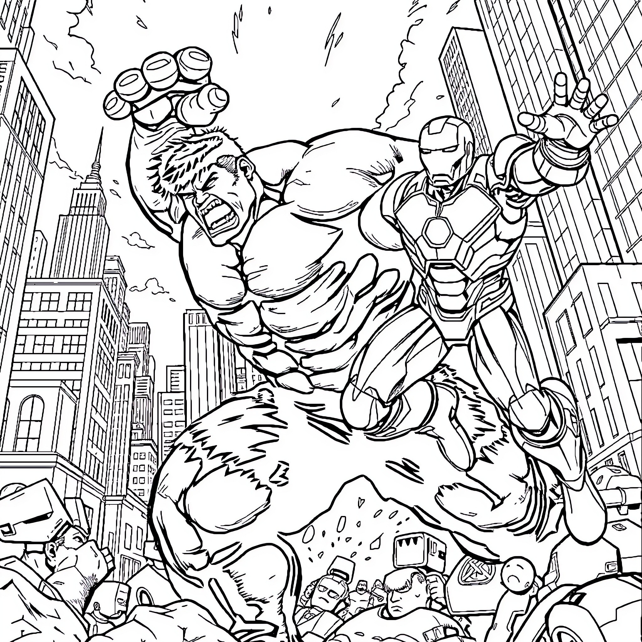 Hulk Smashing Through City with Iron Man's Aid Coloring Page (free black-and-white line drawing printable PDF for all, from beginners to advanced learners, including children, teens, adults, and seniors)