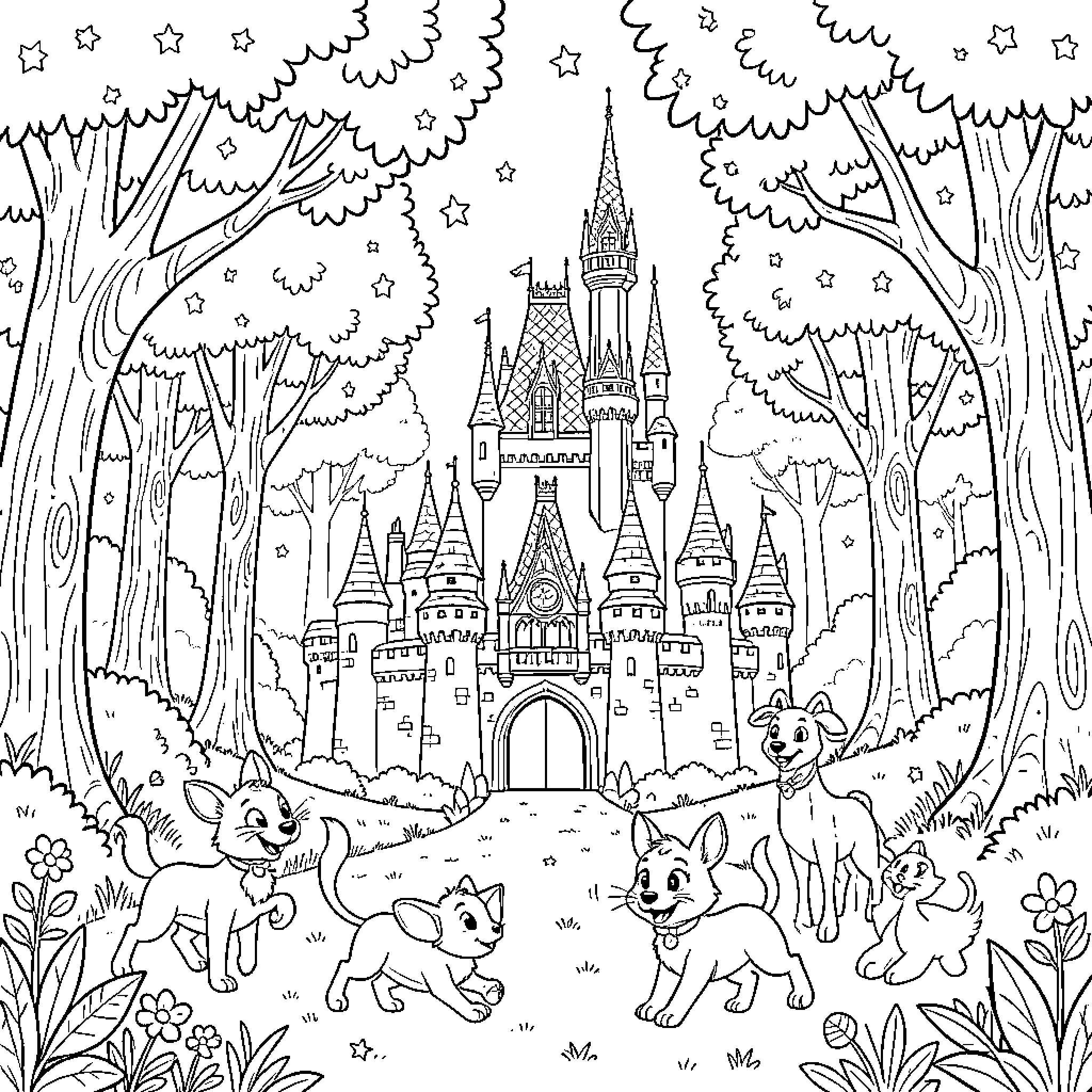 Château surrounded by playful puppies in a forest Coloring Page (free black-and-white line drawing printable PDF for all, from beginners to advanced learners, including children, teens, adults, and seniors)