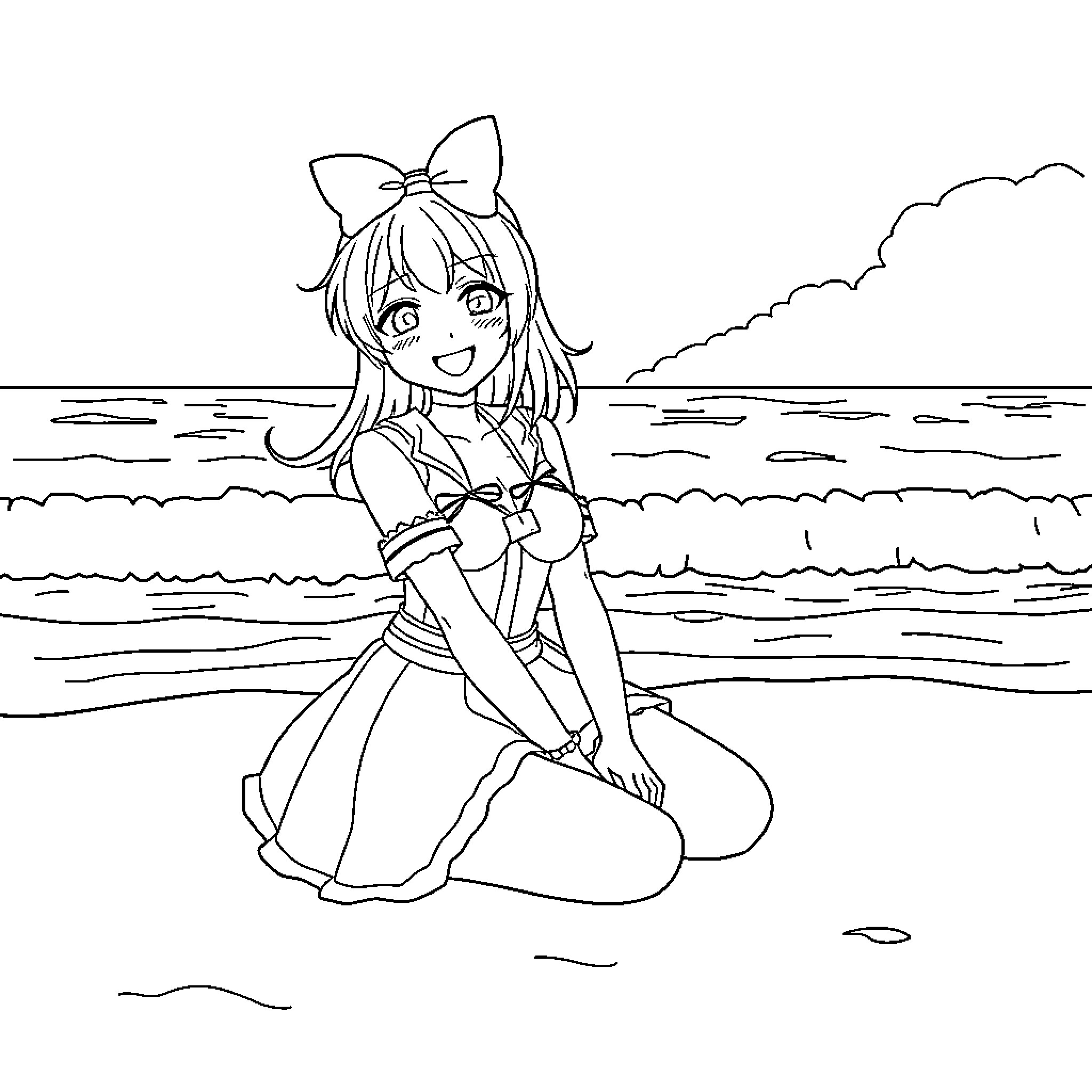 Mikomi Hokina relaxing at the beach Coloring Page (free black-and-white line drawing printable PDF for all, from beginners to advanced learners, including children, teens, adults, and seniors)