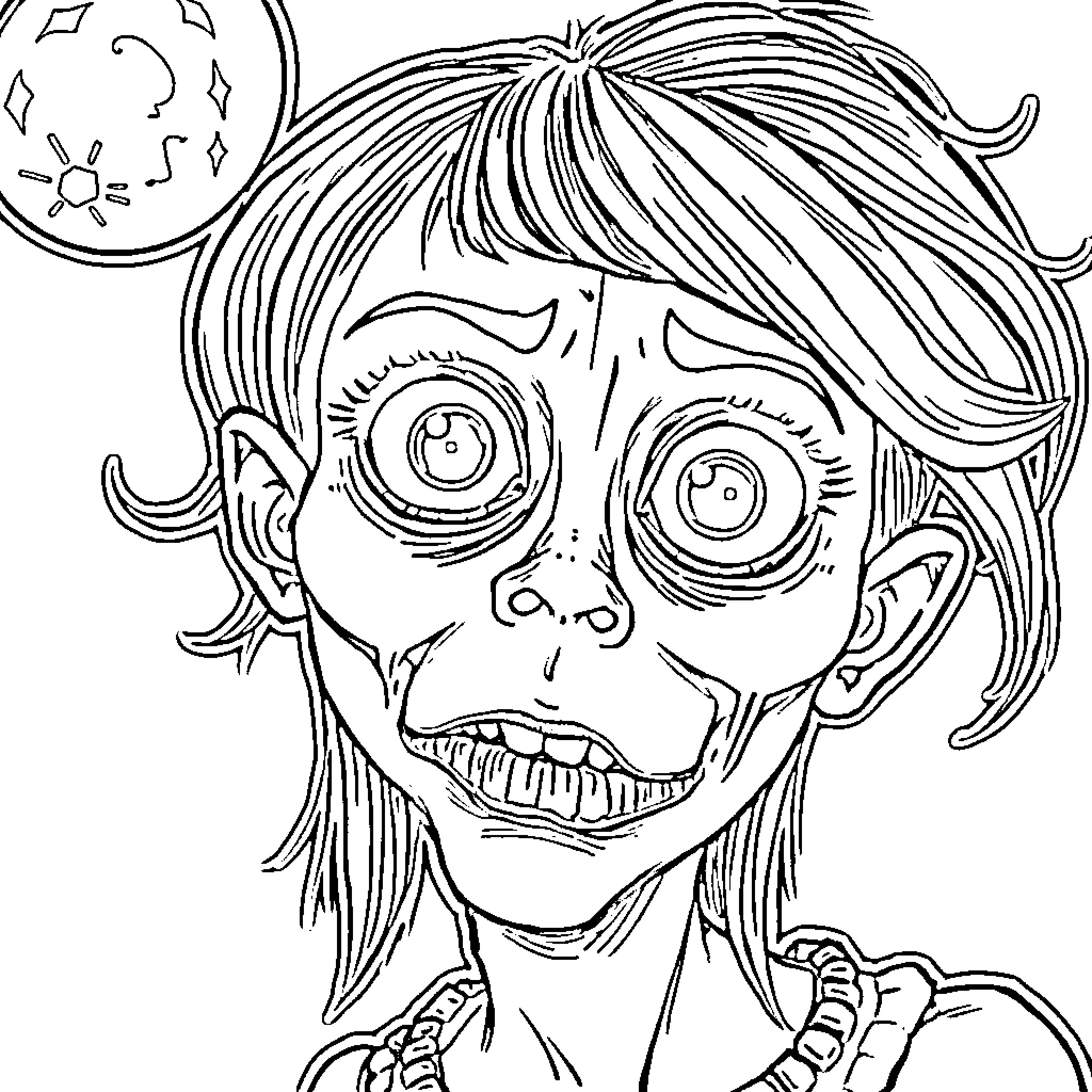 Girl with Frightened Expression and Spooky Elements Coloring Page (free black-and-white line drawing printable PDF for all, from beginners to advanced learners, including children, teens, adults, and seniors)