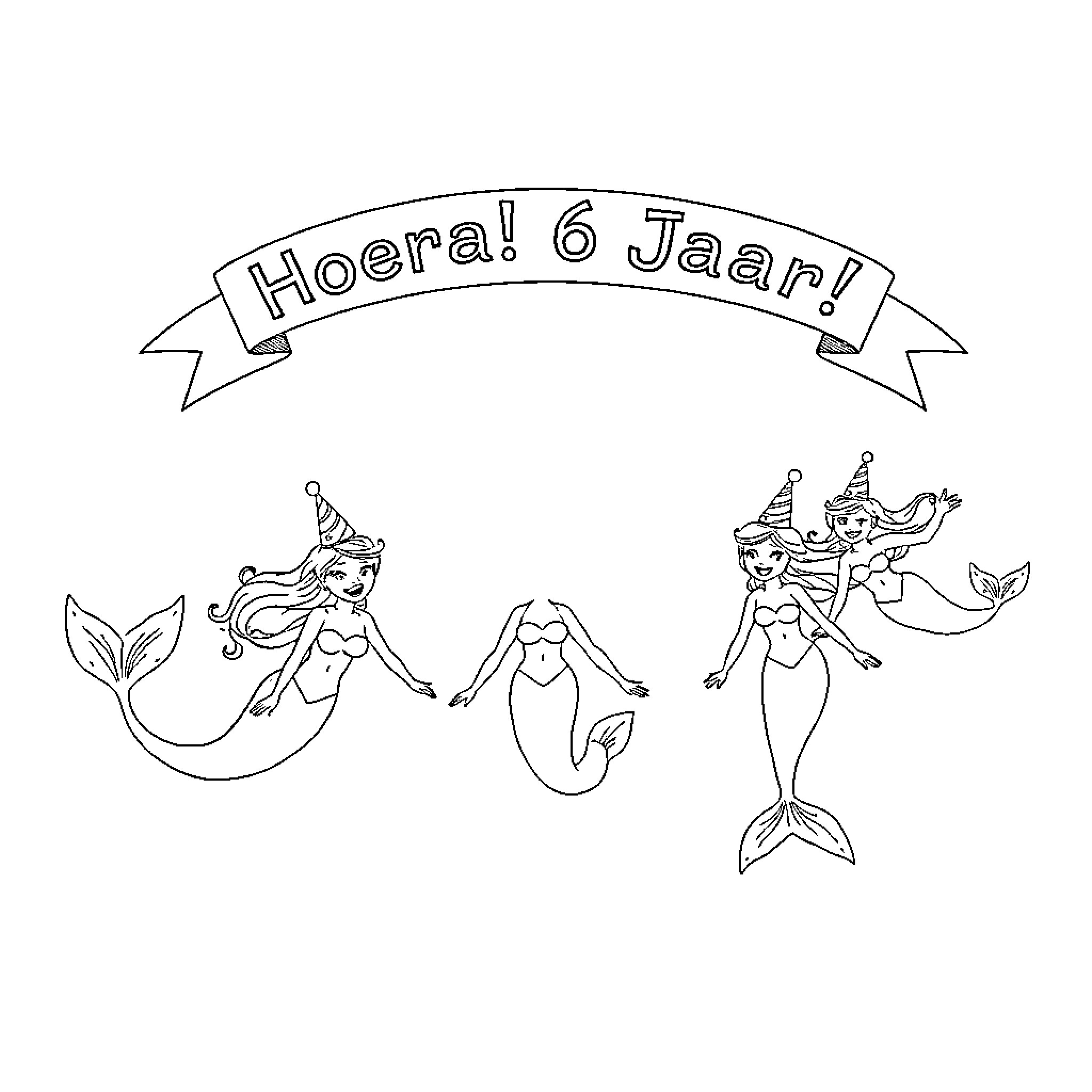Mermaid Birthday Celebration Coloring Page (free black-and-white line drawing printable PDF for all, from beginners to advanced learners, including children, teens, adults, and seniors)