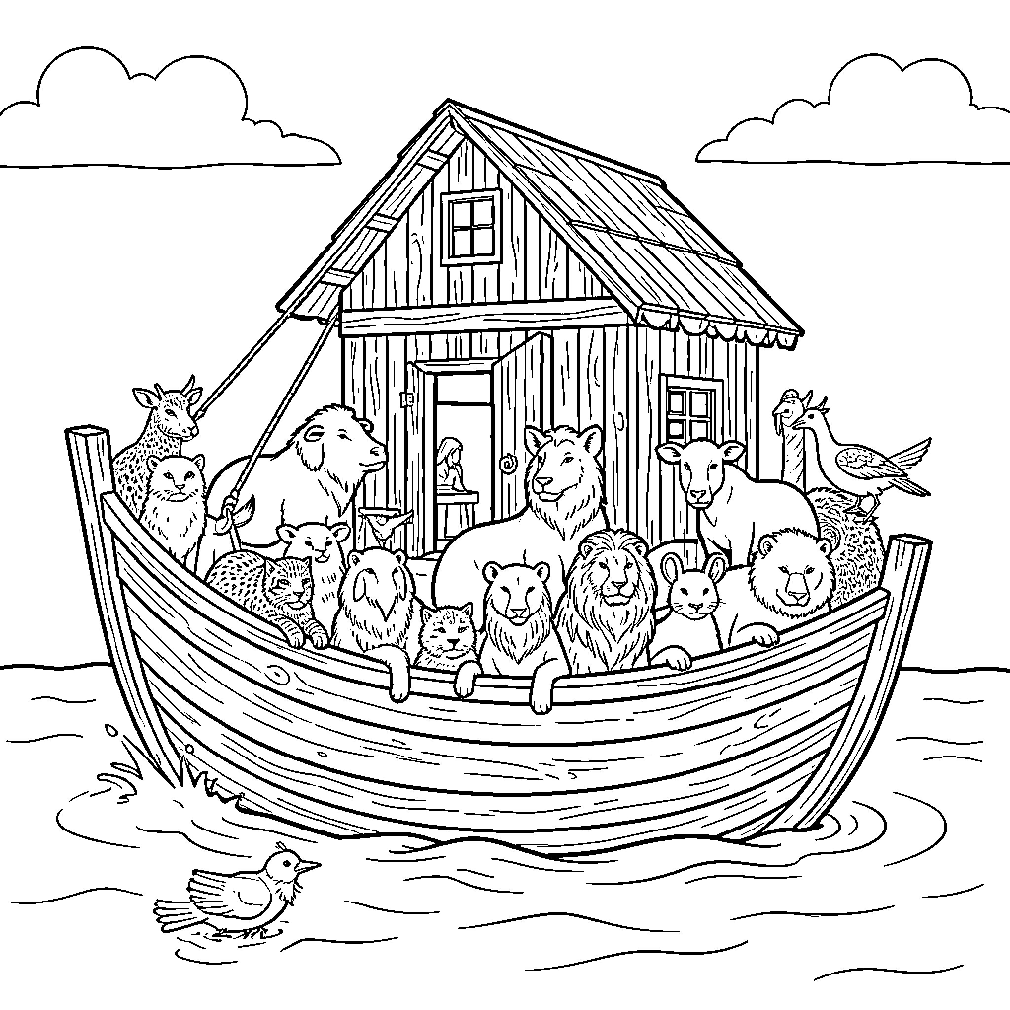 Noah's Ark with Various Animals on Board Coloring Page (free black-and-white line drawing printable PDF for all, from beginners to advanced learners, including children, teens, adults, and seniors)