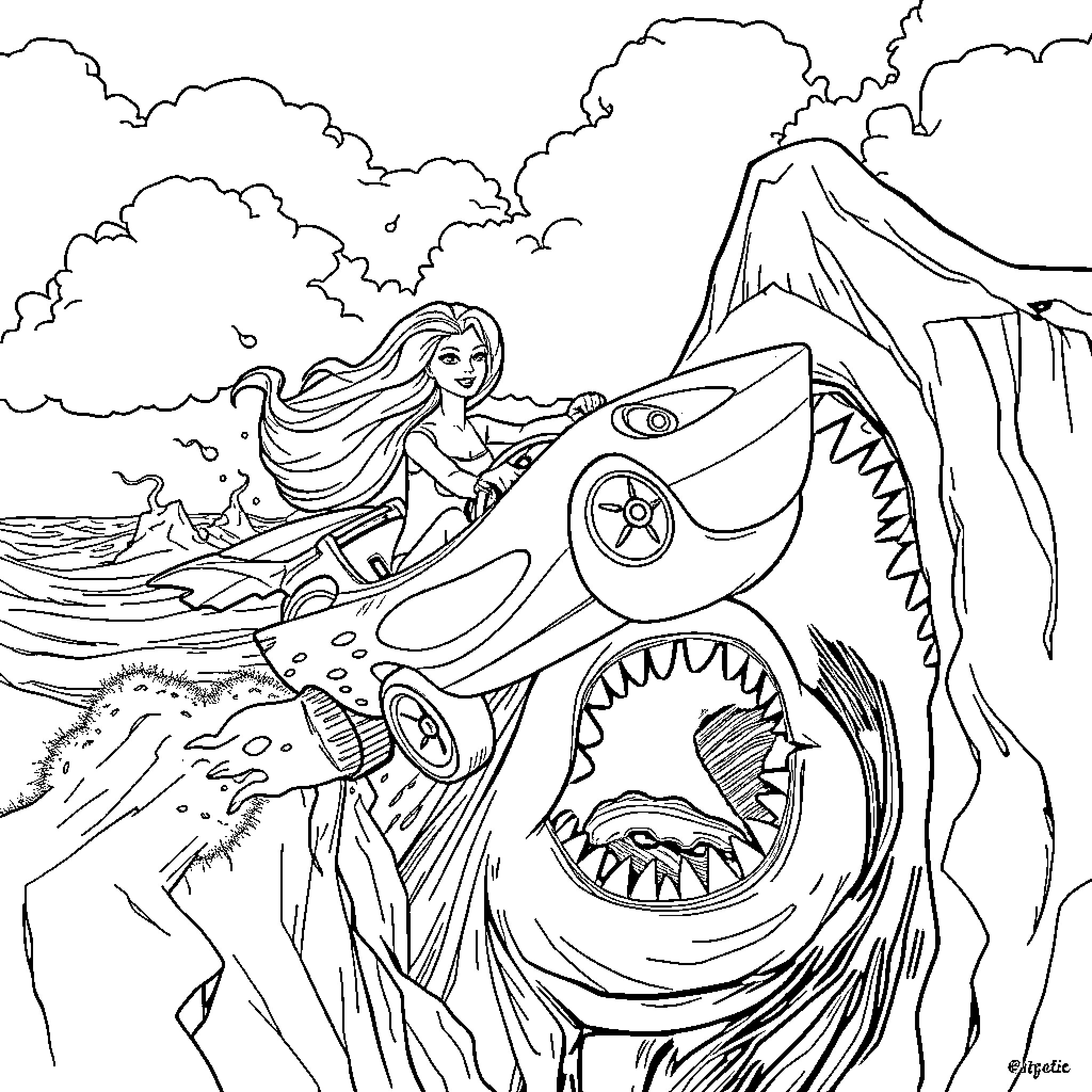 Barbie adventuring through a fantastical landscape Coloring Page (free black-and-white line drawing printable PDF for all, from beginners to advanced learners, including children, teens, adults, and seniors)