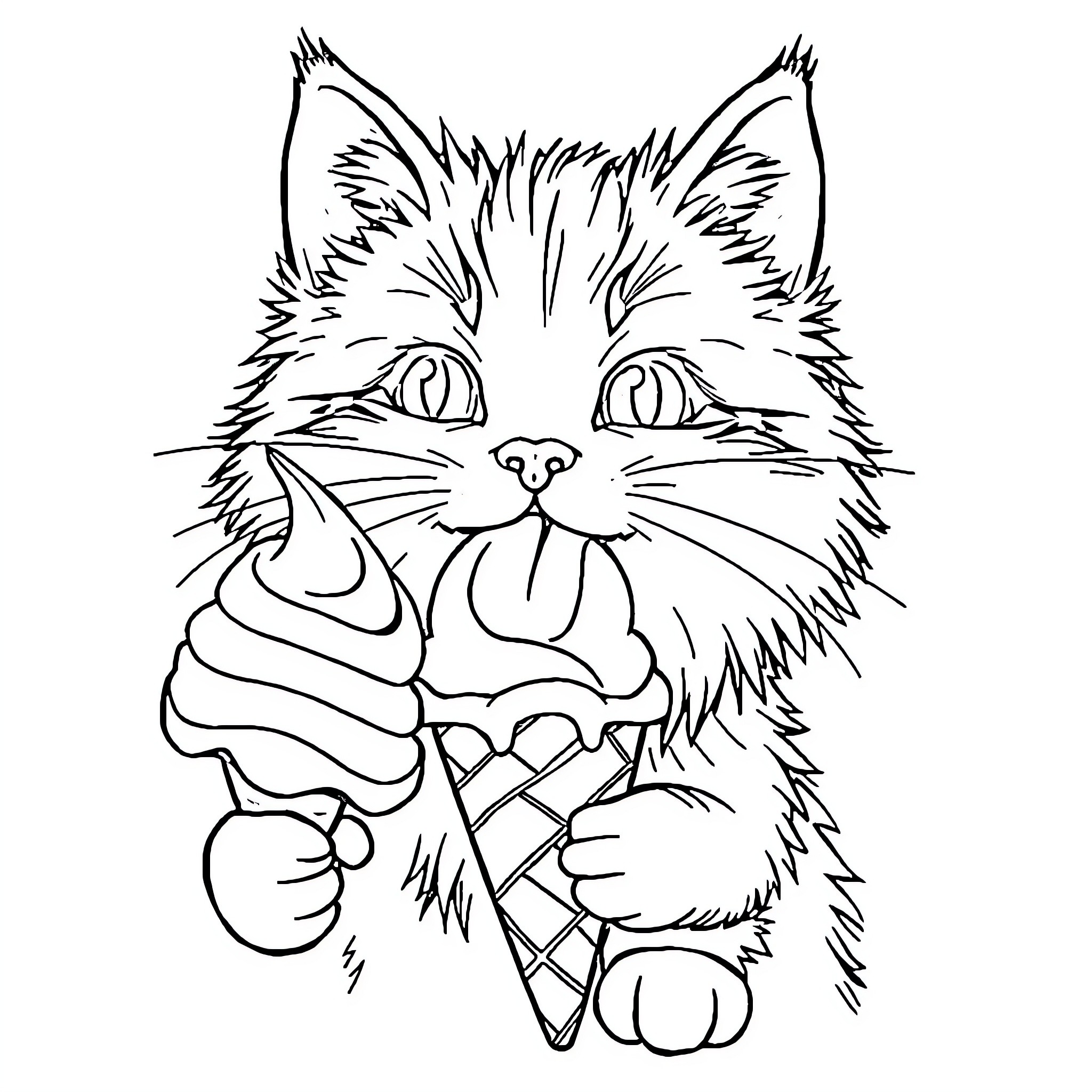 Cat enjoying an ice cream cone Coloring Page (free black-and-white line drawing printable PDF for all, from beginners to advanced learners, including children, teens, adults, and seniors)