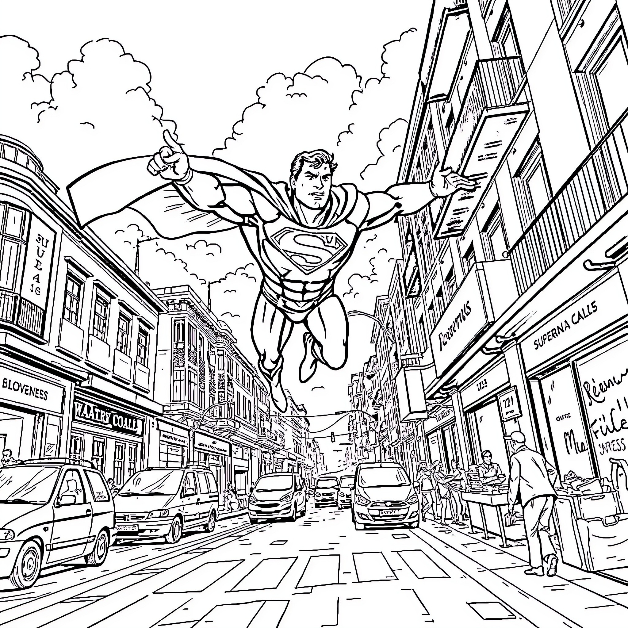 Superman soaring over the bustling city streets Coloring Page (free black-and-white line drawing printable PDF for all, from beginners to advanced learners, including children, teens, adults, and seniors)