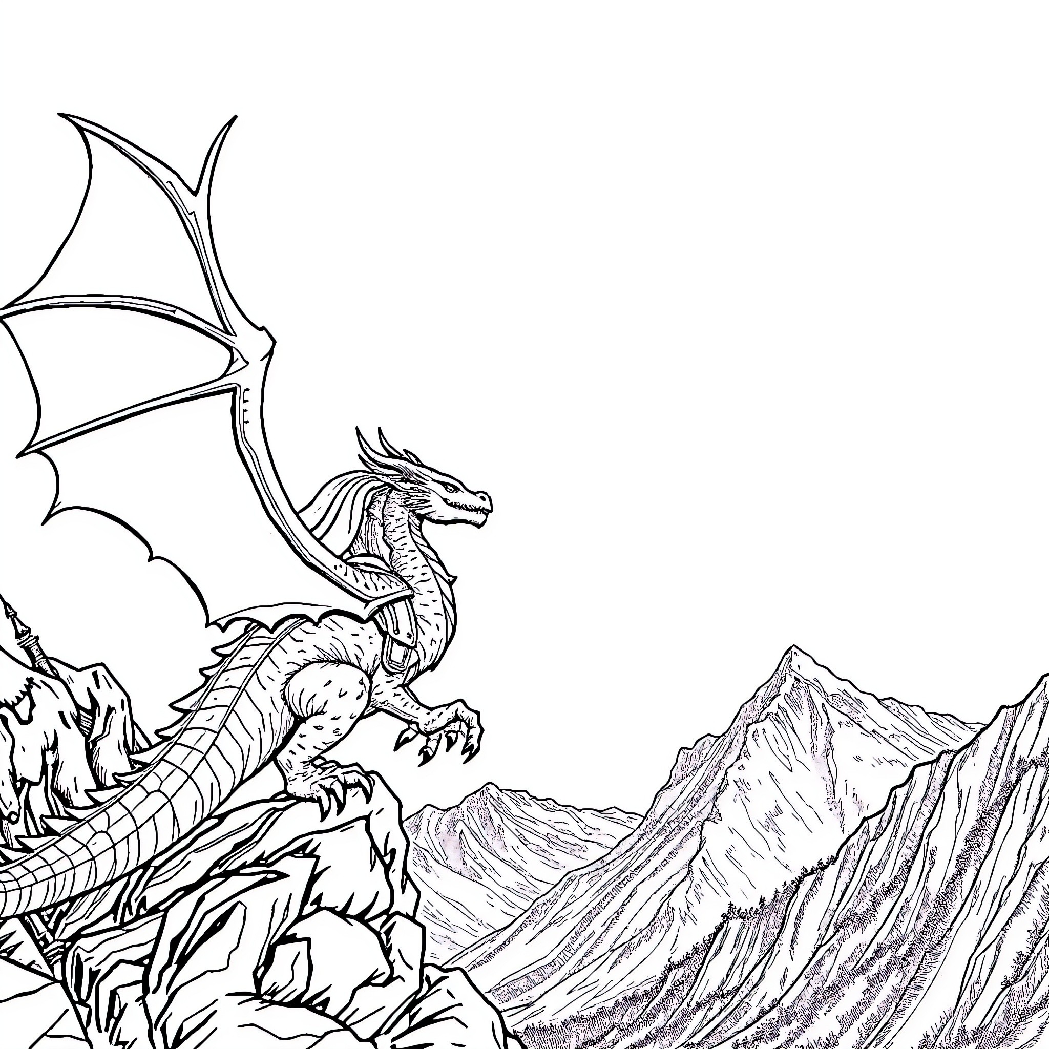 Dragon soaring above majestic mountain landscape Coloring Page (free black-and-white line drawing printable PDF for all, from beginners to advanced learners, including children, teens, adults, and seniors)