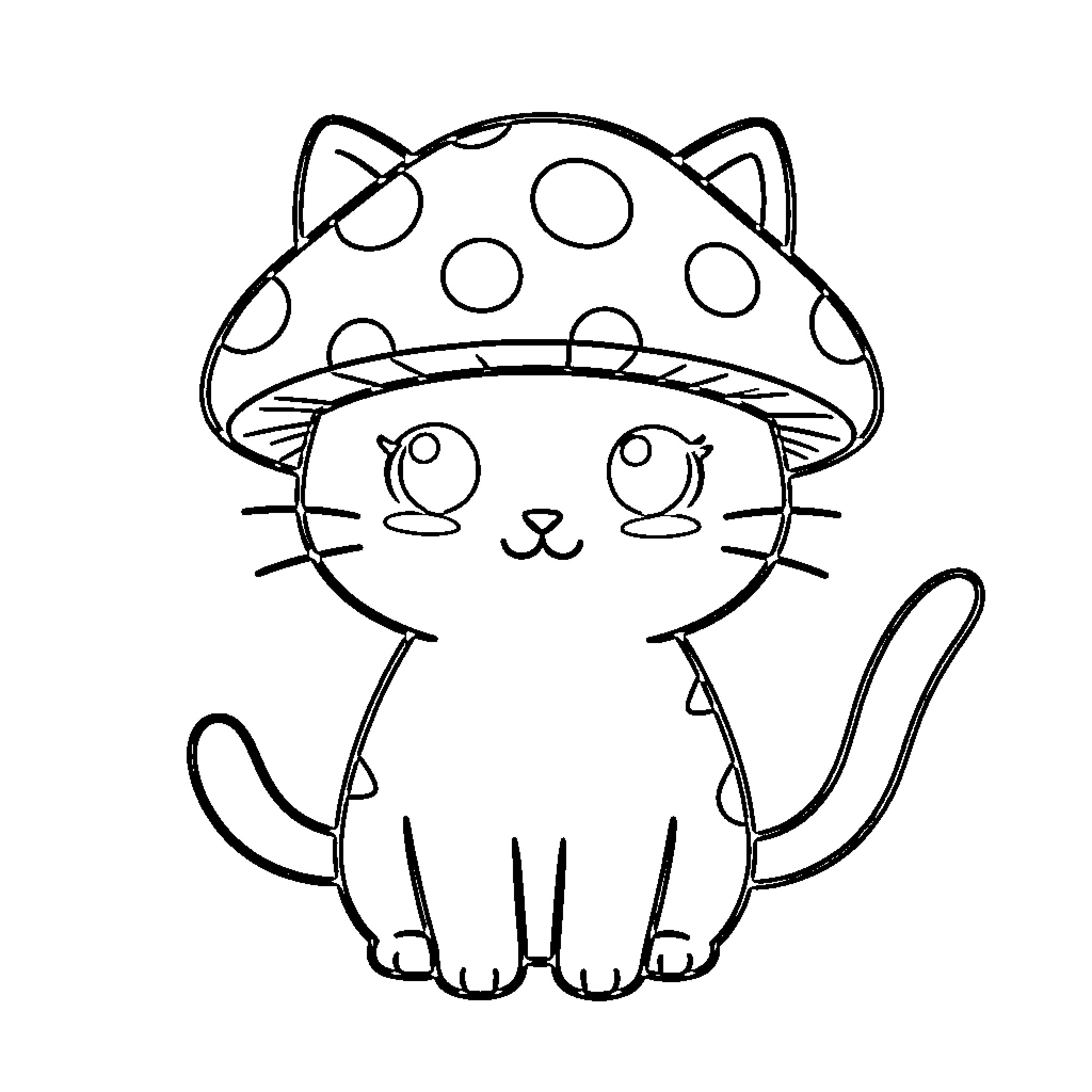 Mushroom-hatted cat in whimsical illustration Coloring Page (free black-and-white line drawing printable PDF for all, from beginners to advanced learners, including children, teens, adults, and seniors)