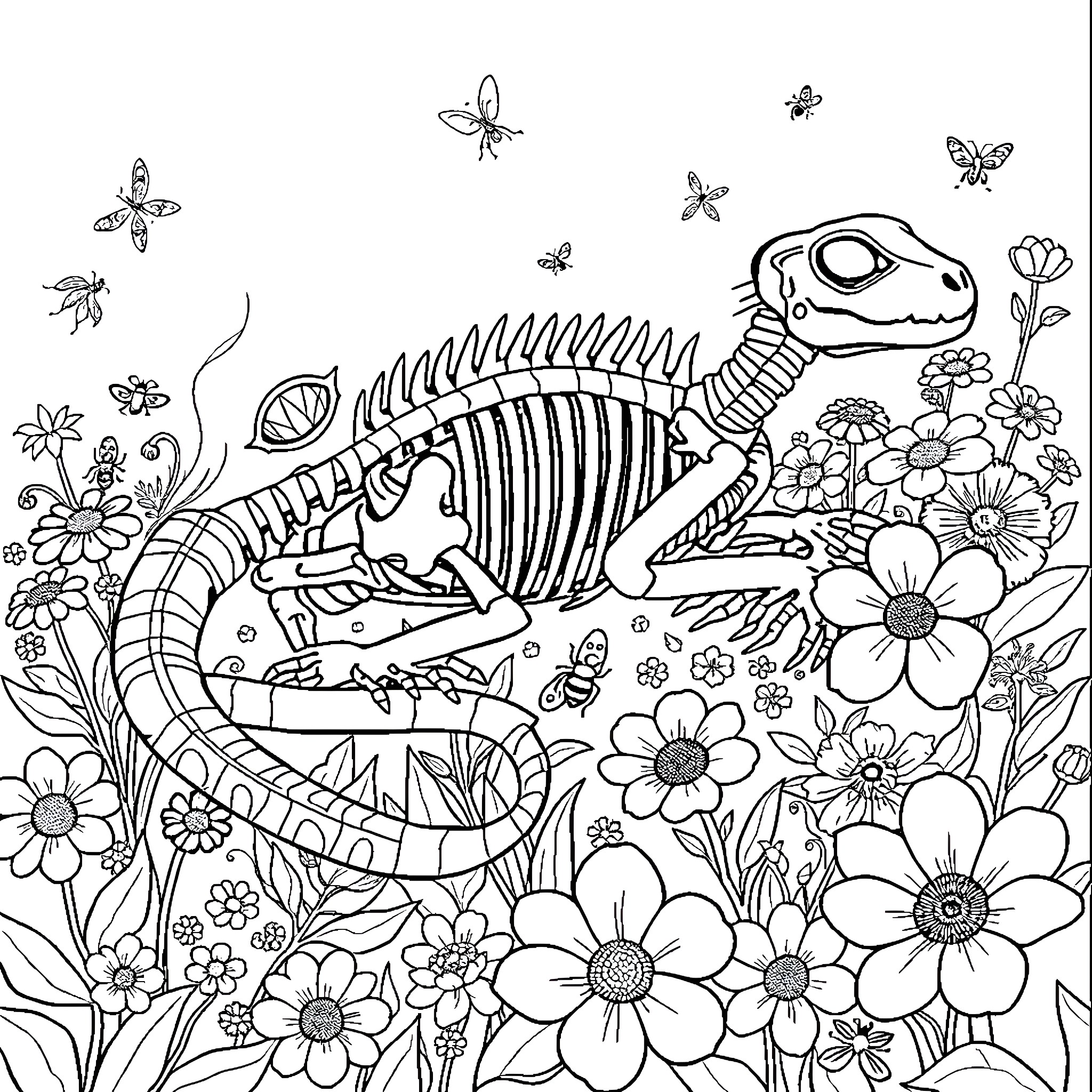 Skeleton Cat Exploring Floral Garden Coloring Page (free black-and-white line drawing printable PDF for all, from beginners to advanced learners, including children, teens, adults, and seniors)