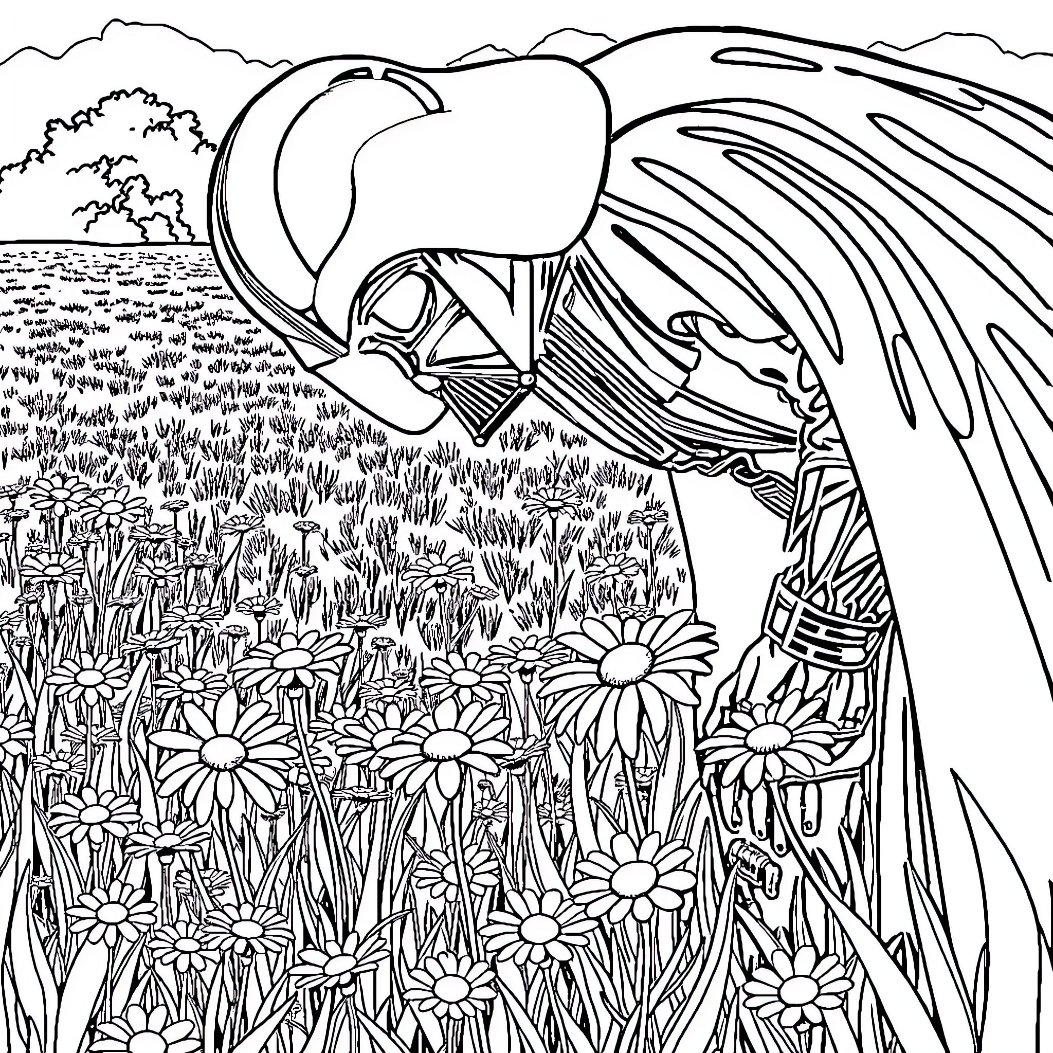 Earth Vader in a Flowery Meadow Coloring Page (free black-and-white line drawing printable PDF for all, from beginners to advanced learners, including children, teens, adults, and seniors)