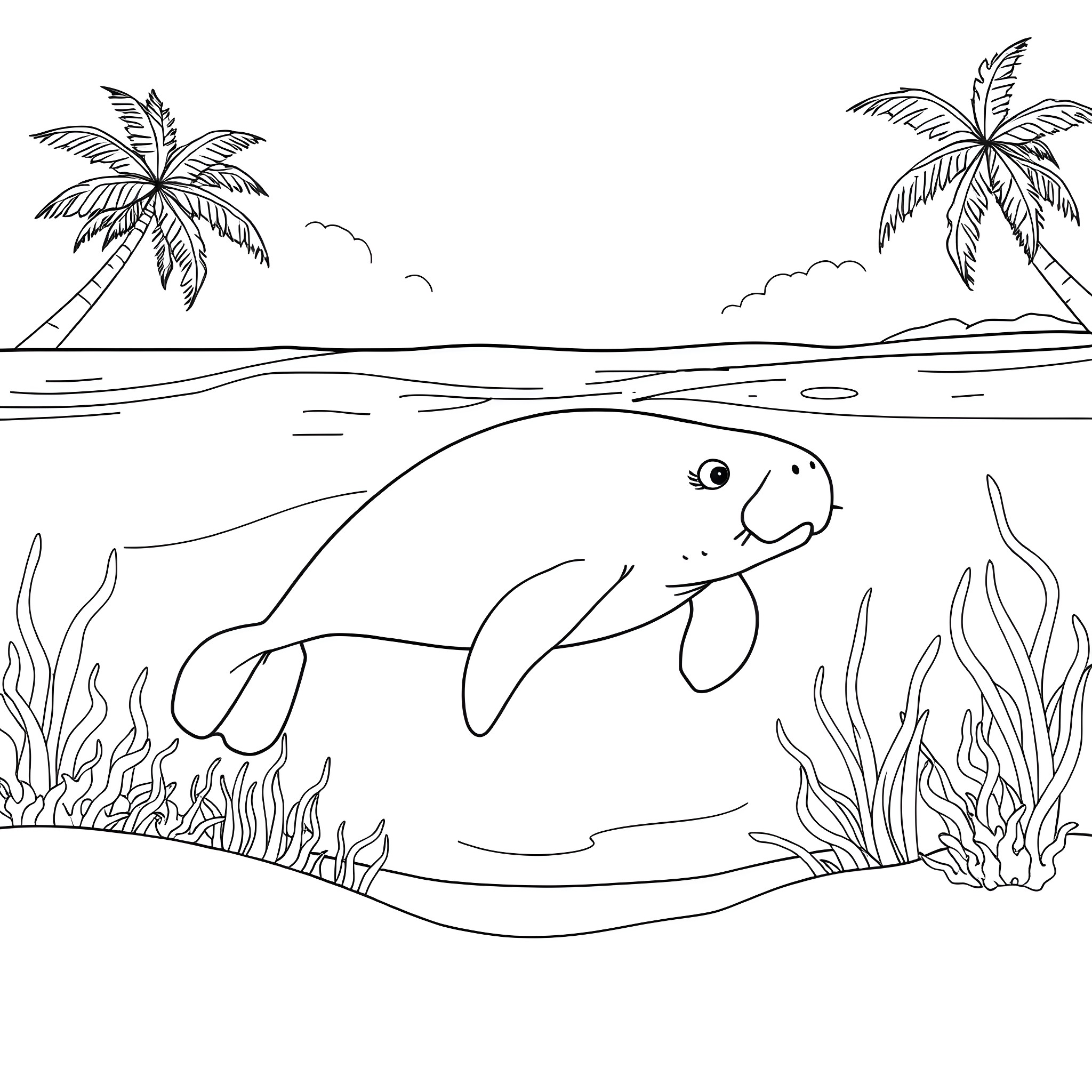 Manatee swimming in tropical seascape Coloring Page (free black-and-white line drawing printable PDF for all, from beginners to advanced learners, including children, teens, adults, and seniors)