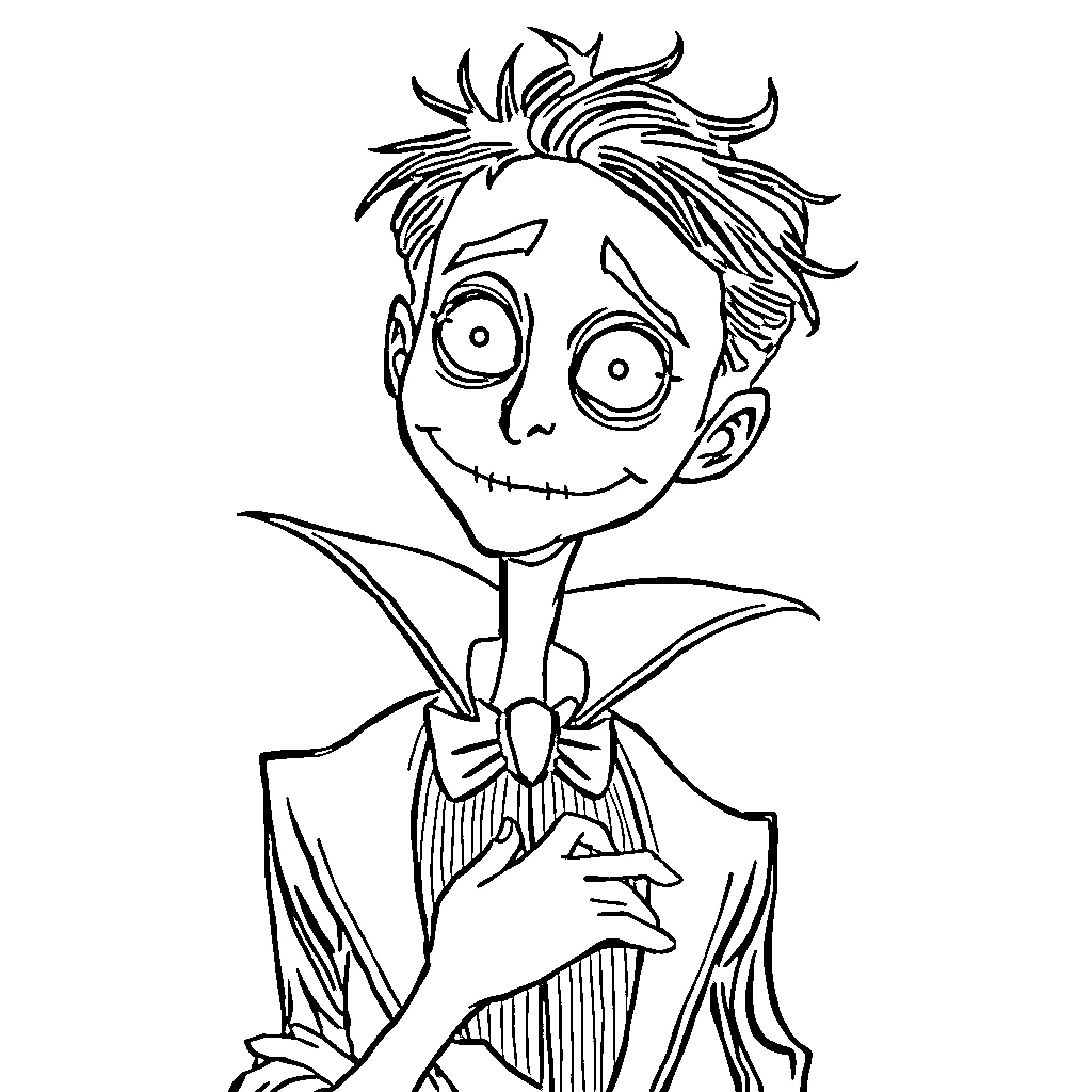 Tim Burton's Whimsical and Quirky Character Portrait Coloring Page (free black-and-white line drawing printable PDF for all, from beginners to advanced learners, including children, teens, adults, and seniors)