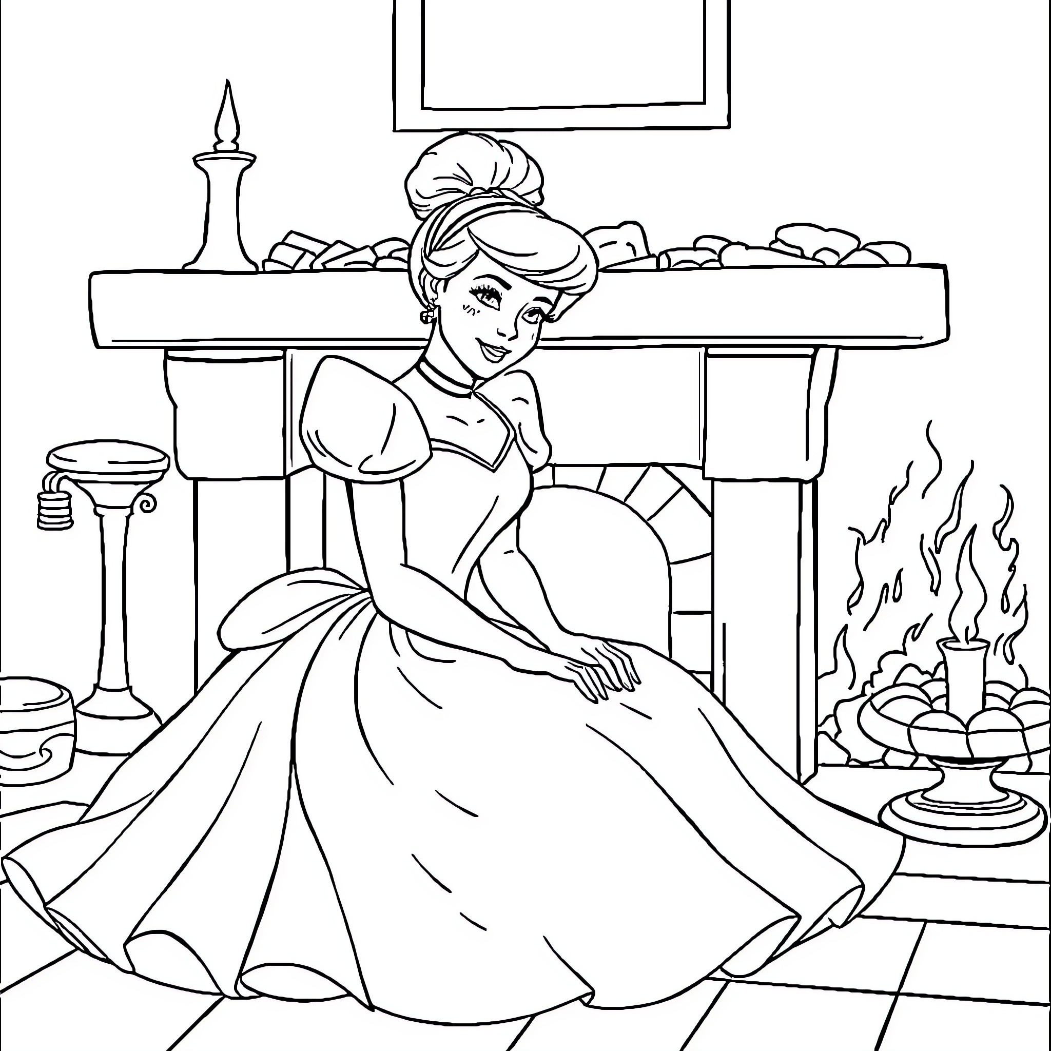 Cinderella sitting by the fireplace in her elegant dress Coloring Page (free black-and-white line drawing printable PDF for all, from beginners to advanced learners, including children, teens, adults, and seniors)