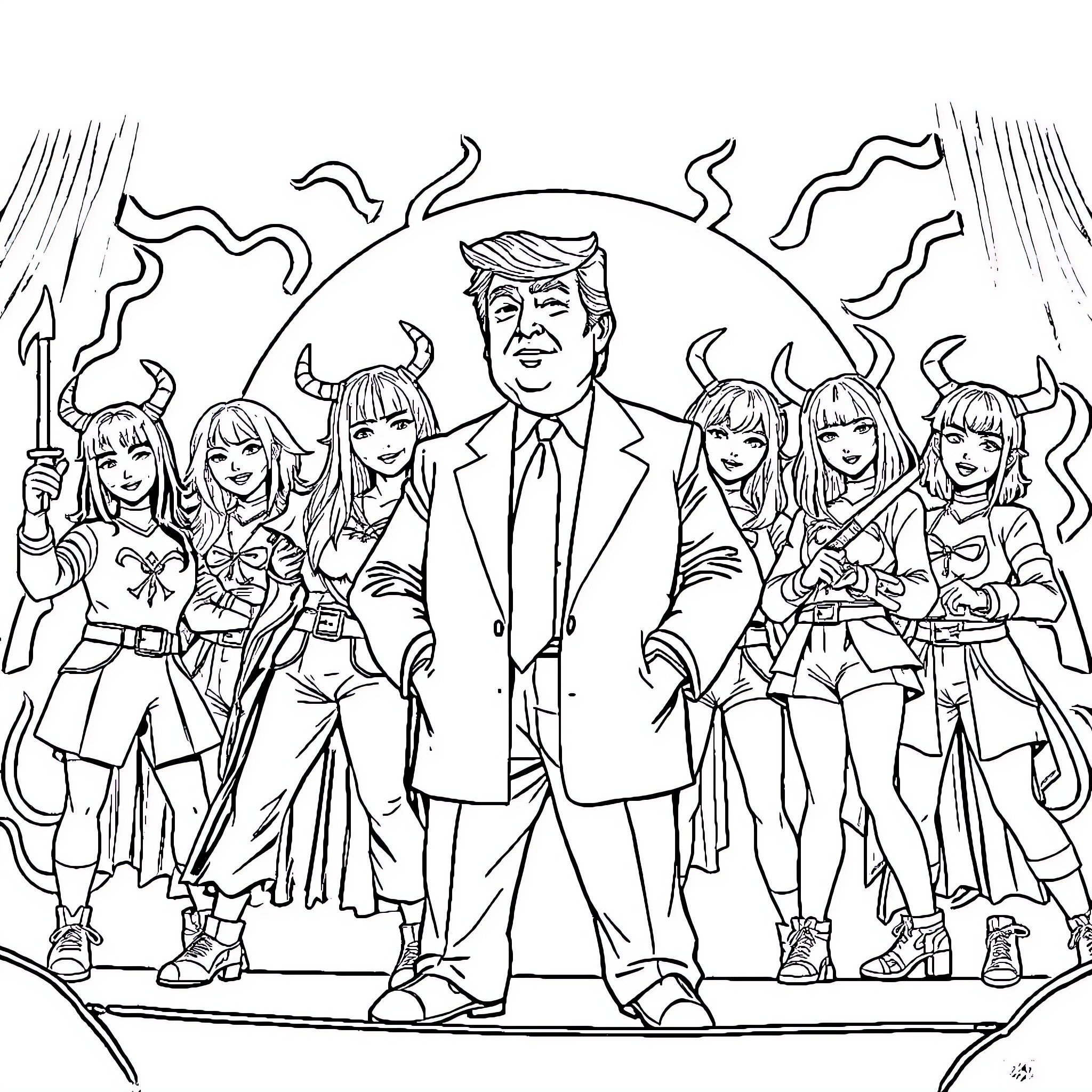 Demon Hunter in Formal Attire Surrounded by Demonic Figures Coloring Page (free black-and-white line drawing printable PDF for all, from beginners to advanced learners, including children, teens, adults, and seniors)