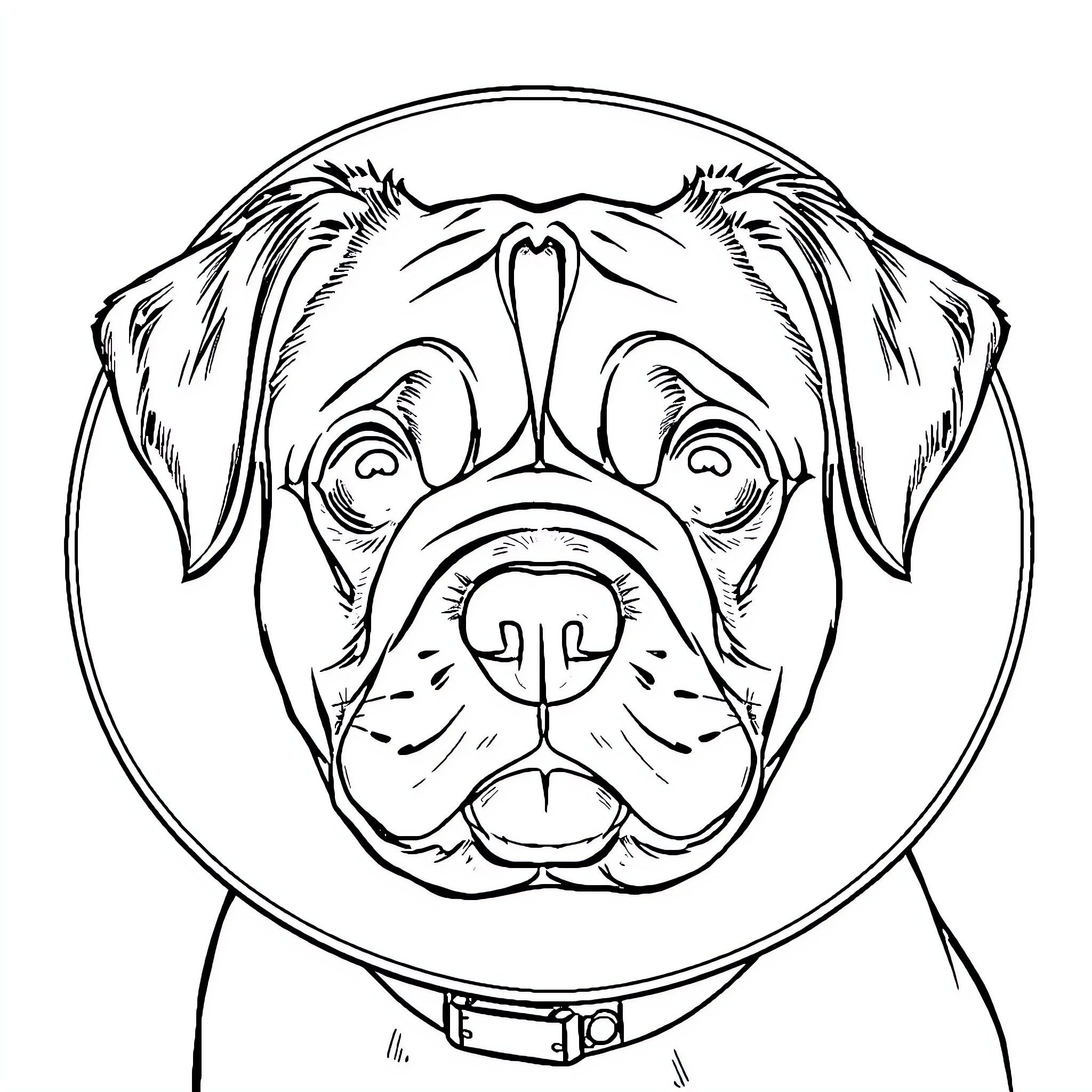 Dog wearing collar in a circular frame Coloring Page (free black-and-white line drawing printable PDF for all, from beginners to advanced learners, including children, teens, adults, and seniors)