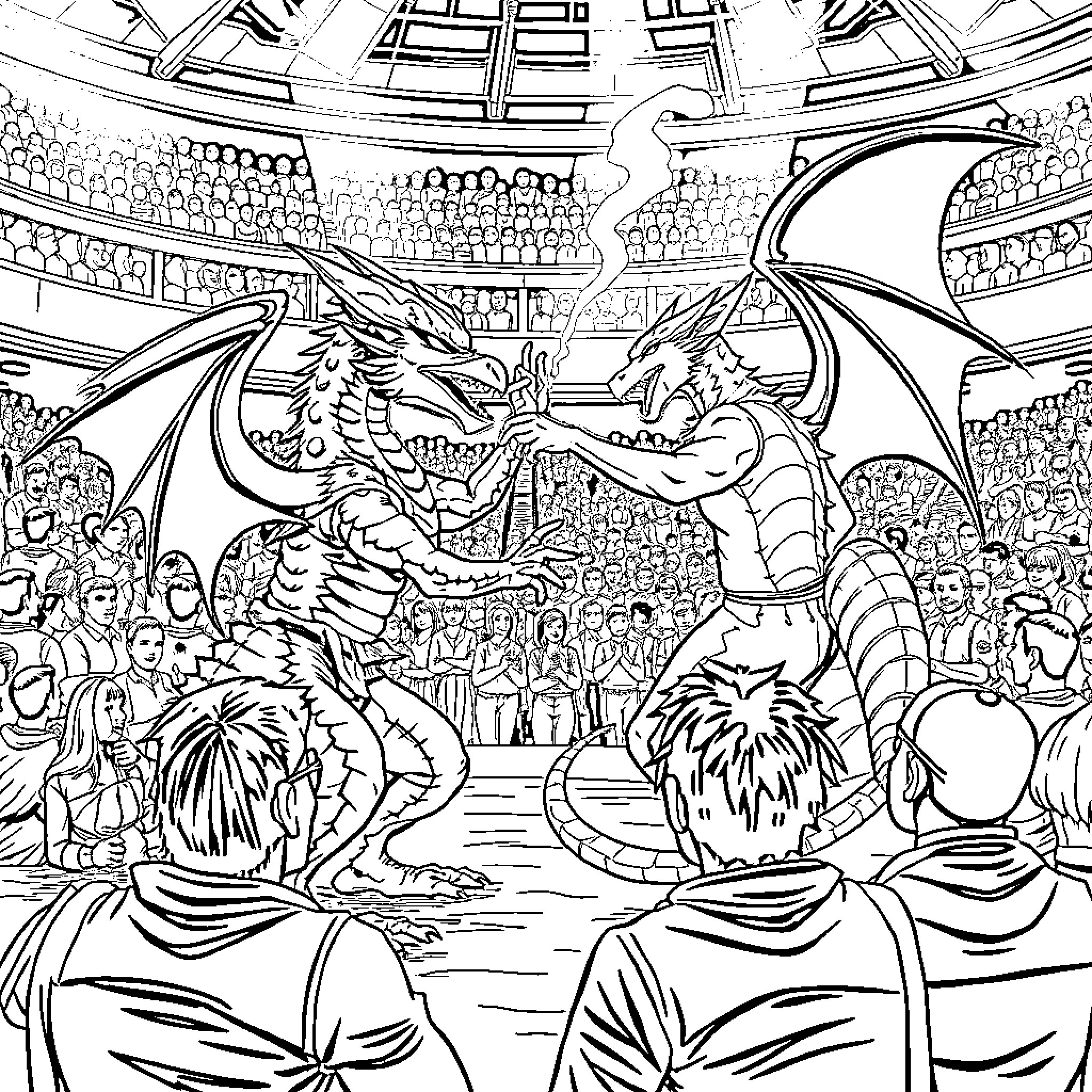 Dracofeu performing epic battle in the coliseum Coloring Page (free black-and-white line drawing printable PDF for all, from beginners to advanced learners, including children, teens, adults, and seniors)