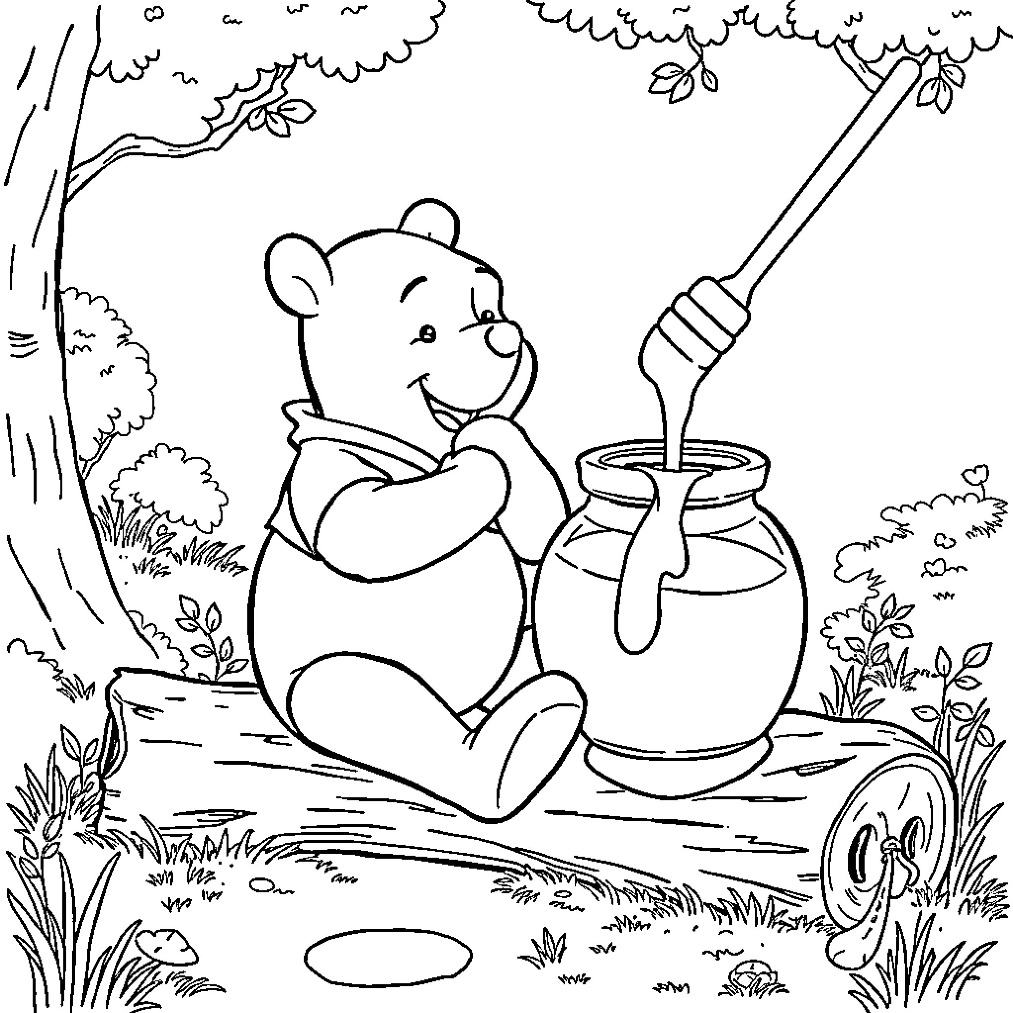 Winnie The Pooh enjoying honey in the forest Coloring Page (free black-and-white line drawing printable PDF for all, from beginners to advanced learners, including children, teens, adults, and seniors)
