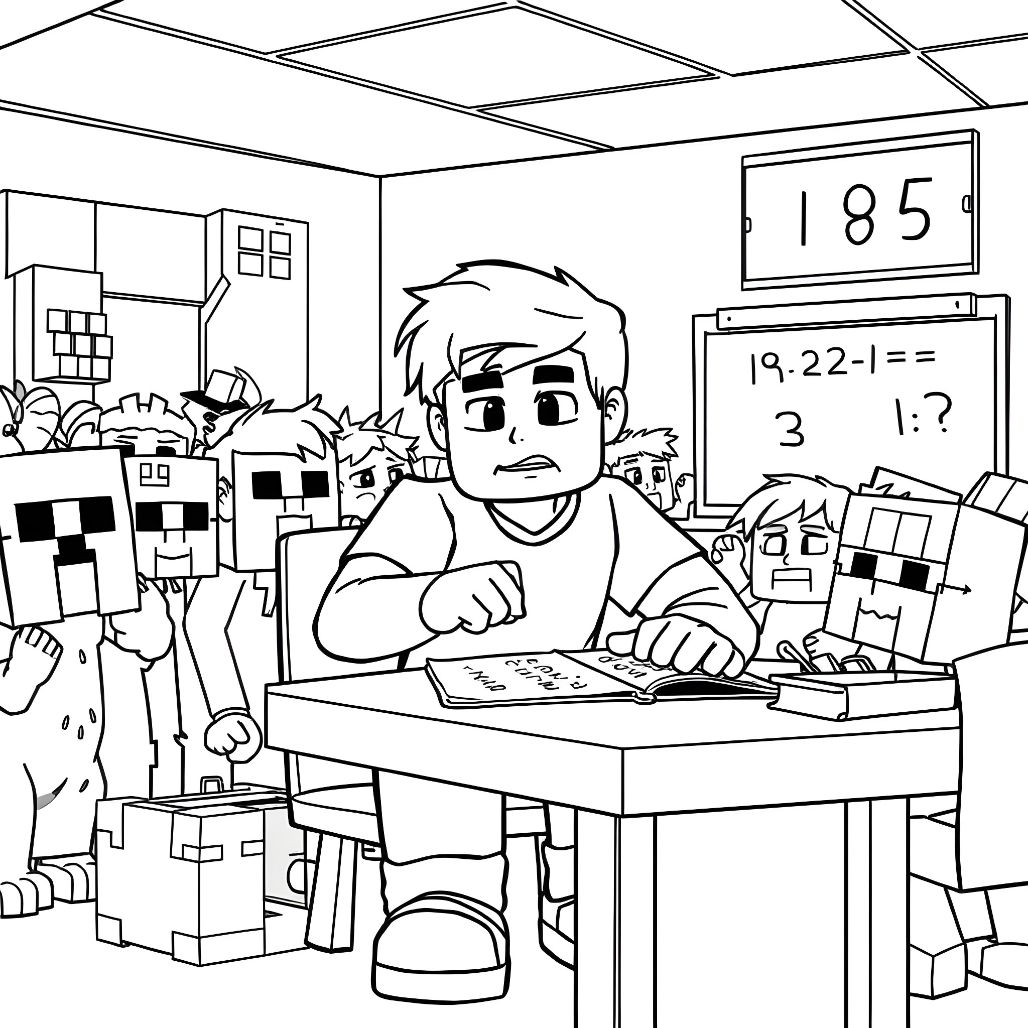 Steve working on a math problem in the classroom Coloring Page (free black-and-white line drawing printable PDF for all, from beginners to advanced learners, including children, teens, adults, and seniors)