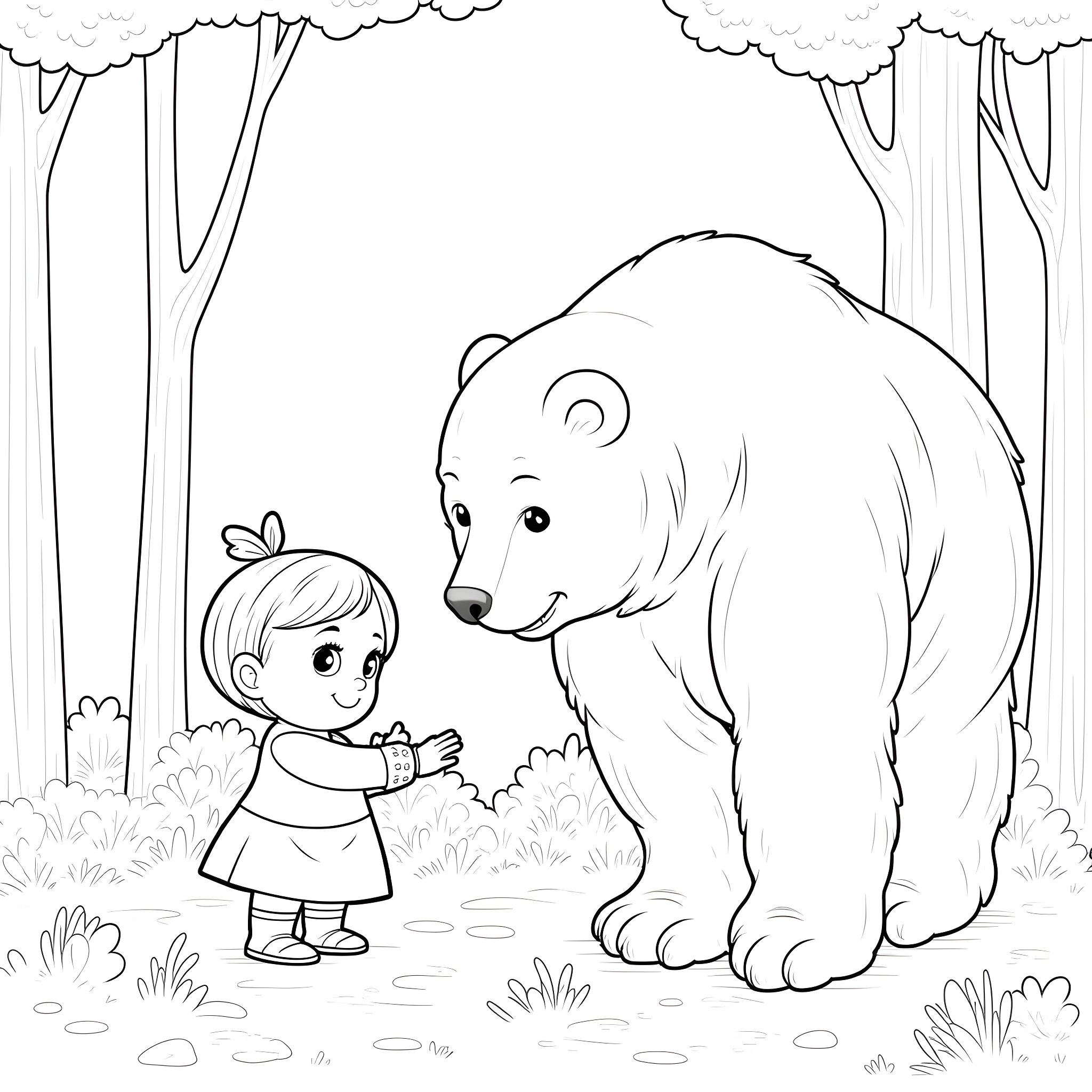 Masha exploring the forest with a bear Coloring Page (free black-and-white line drawing printable PDF for all, from beginners to advanced learners, including children, teens, adults, and seniors)
