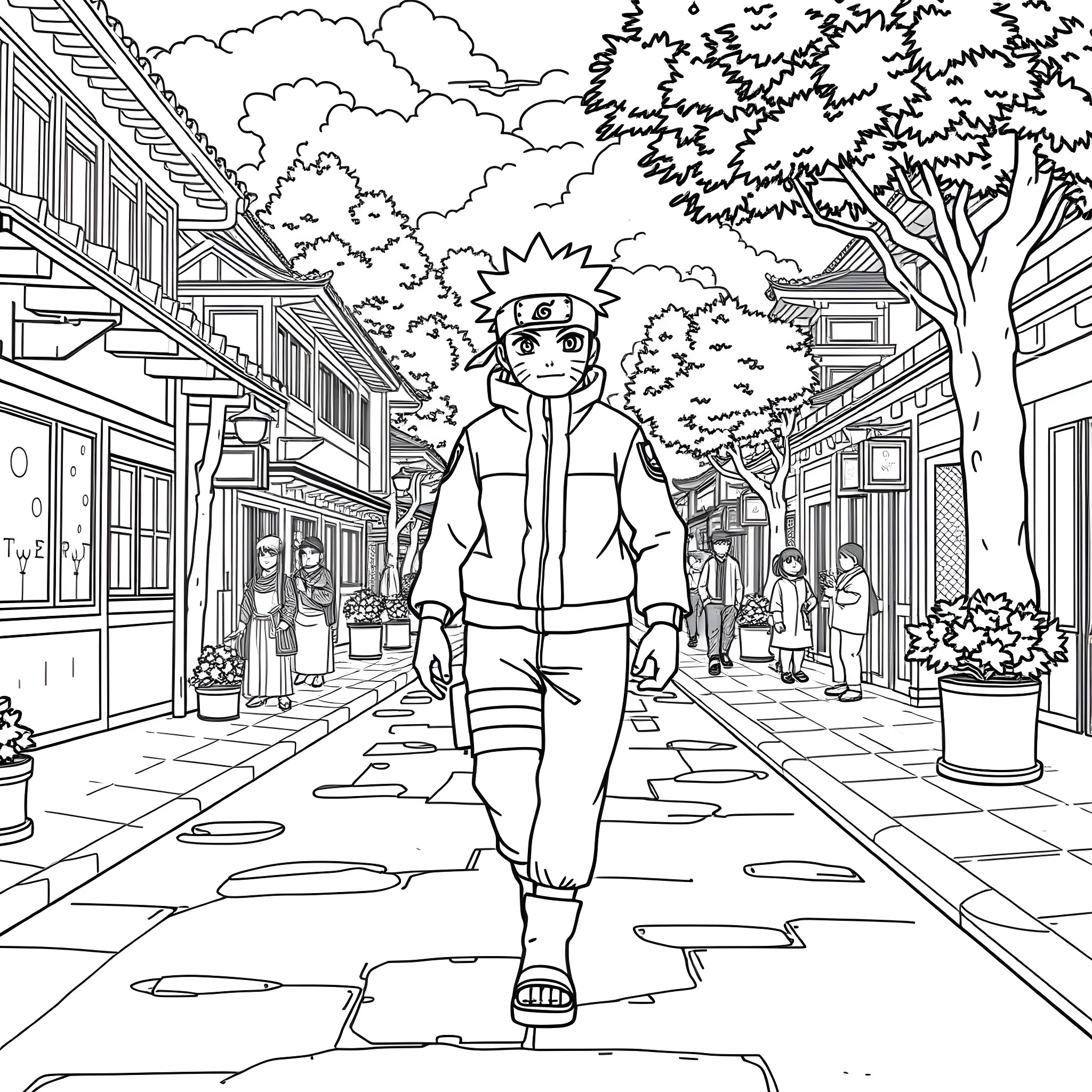 Naruto exploring the lively village street Coloring Page (free black-and-white line drawing printable PDF for all, from beginners to advanced learners, including children, teens, adults, and seniors)