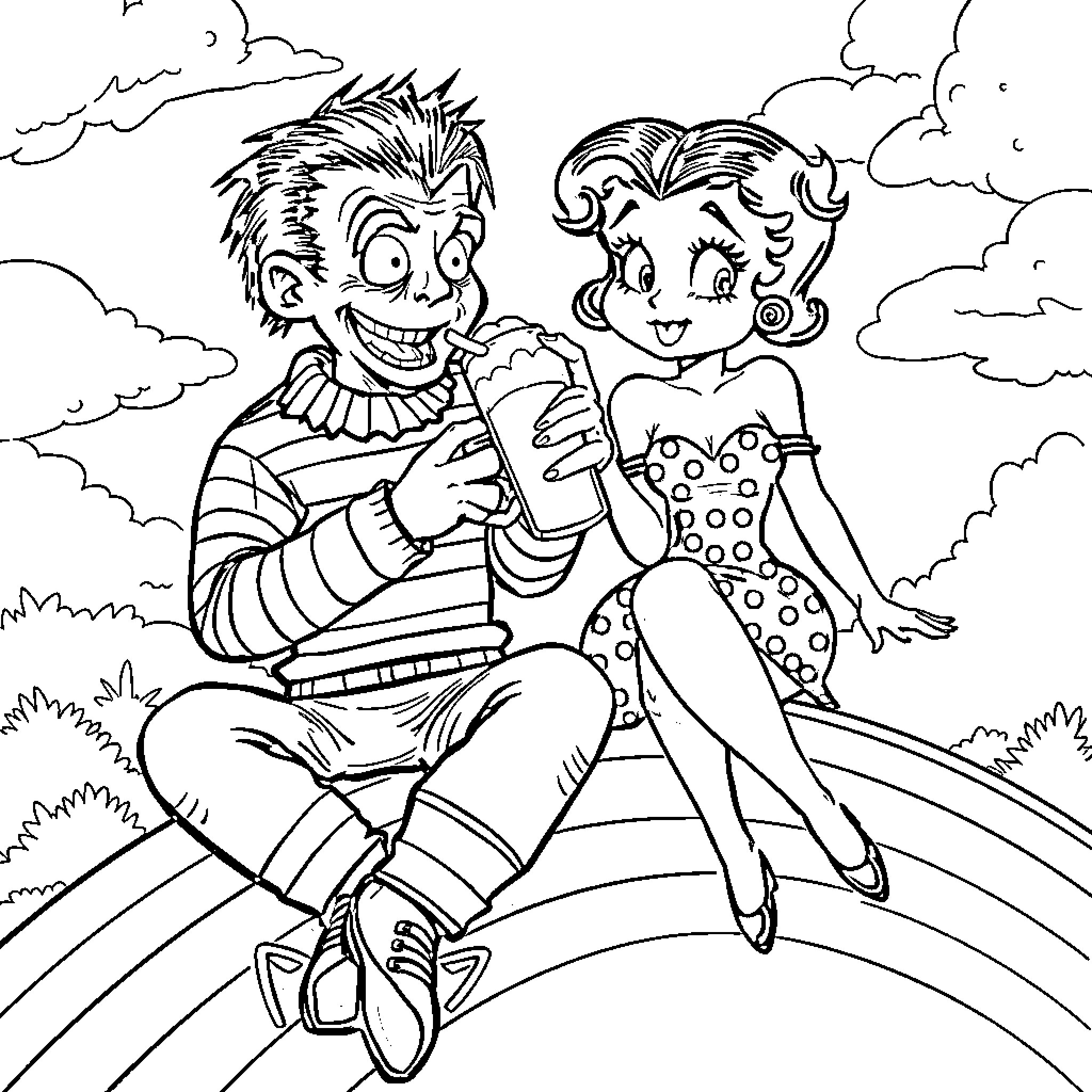 Freddie Krueger and a playful companion in the clouds Coloring Page (free black-and-white line drawing printable PDF for all, from beginners to advanced learners, including children, teens, adults, and seniors)