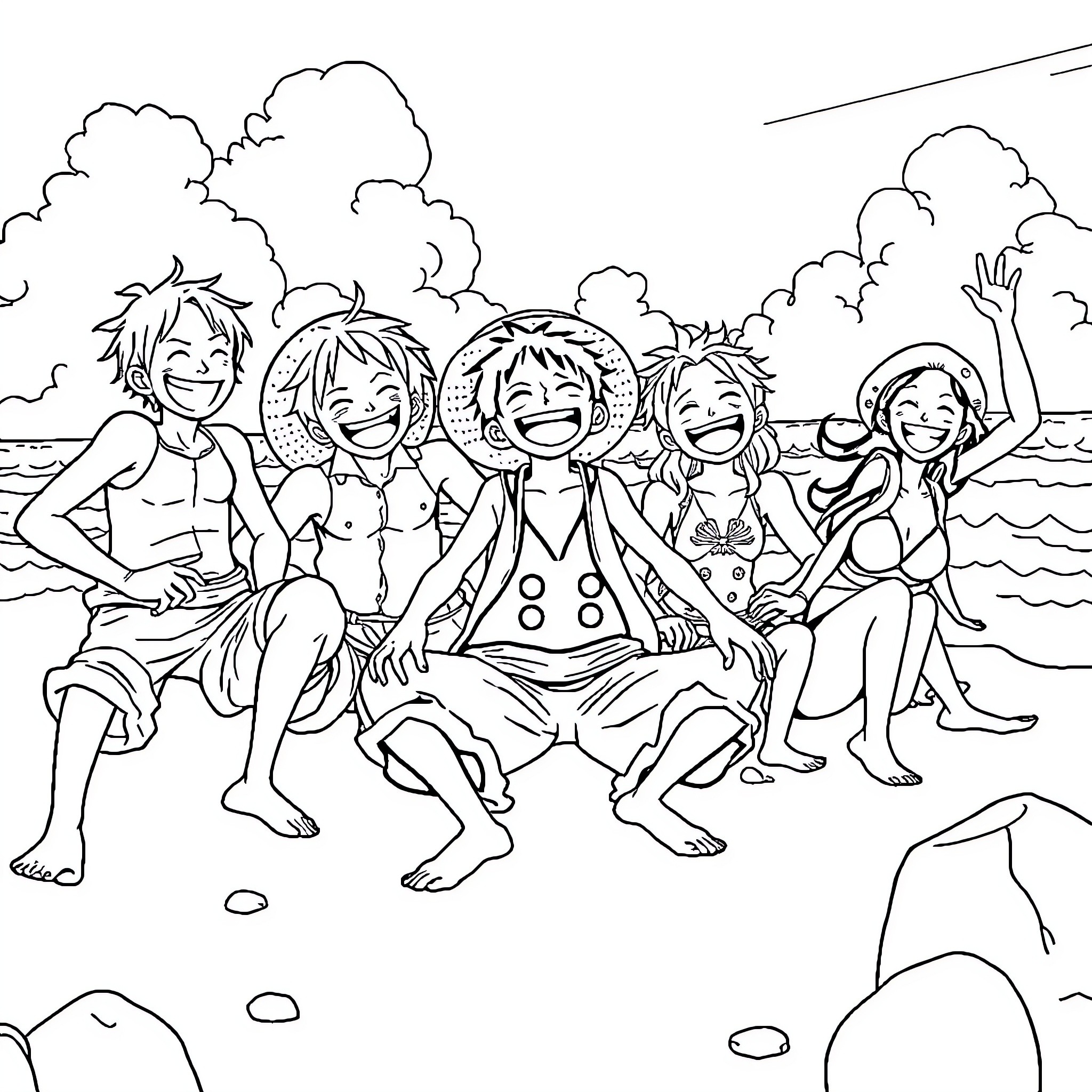 Luffy and his friends enjoying a beach day Coloring Page (free black-and-white line drawing printable PDF for all, from beginners to advanced learners, including children, teens, adults, and seniors)