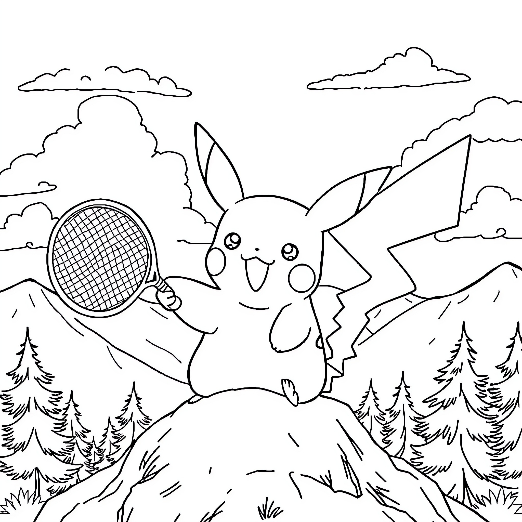 Pikachu playing with a tennis racket in the mountains Coloring Page (free black-and-white line drawing printable PDF for all, from beginners to advanced learners, including children, teens, adults, and seniors)
