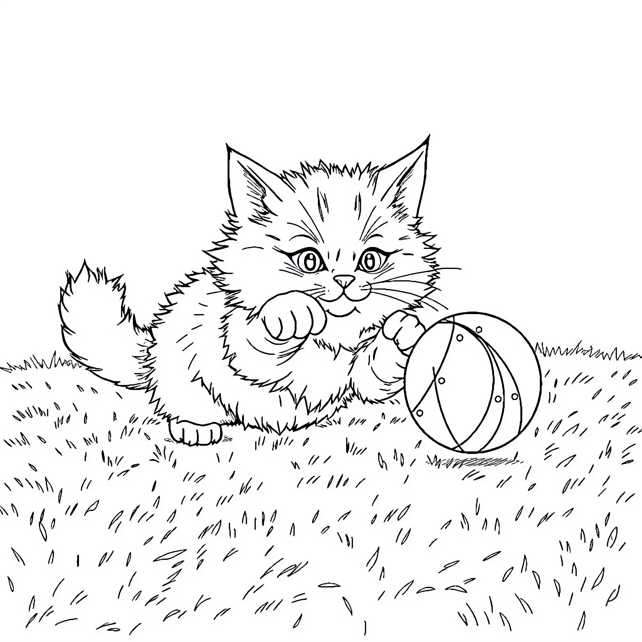 Cat playing with ball in grassy field Coloring Page (free black-and-white line drawing printable PDF for all, from beginners to advanced learners, including children, teens, adults, and seniors)