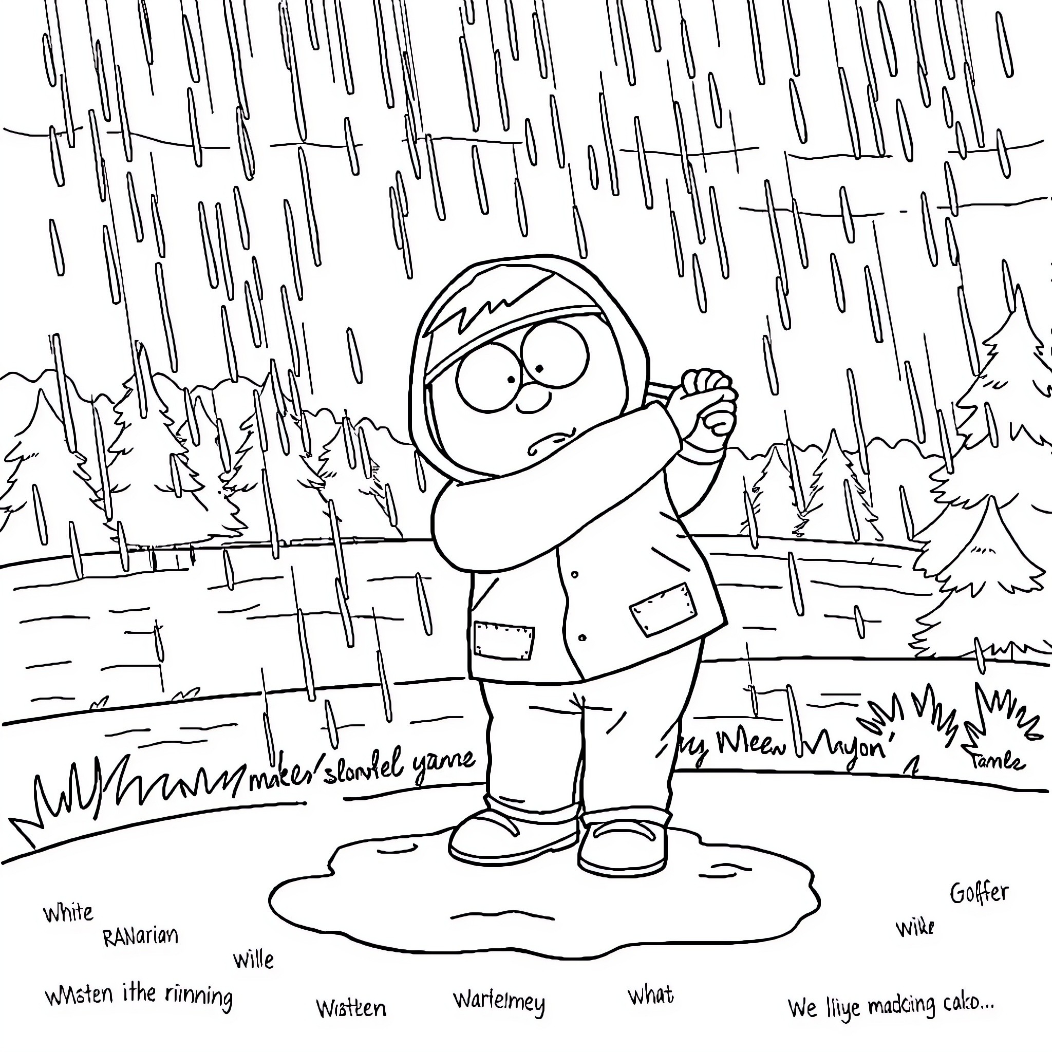 Cartman enjoying the rain and nature outdoors Coloring Page (free black-and-white line drawing printable PDF for all, from beginners to advanced learners, including children, teens, adults, and seniors)