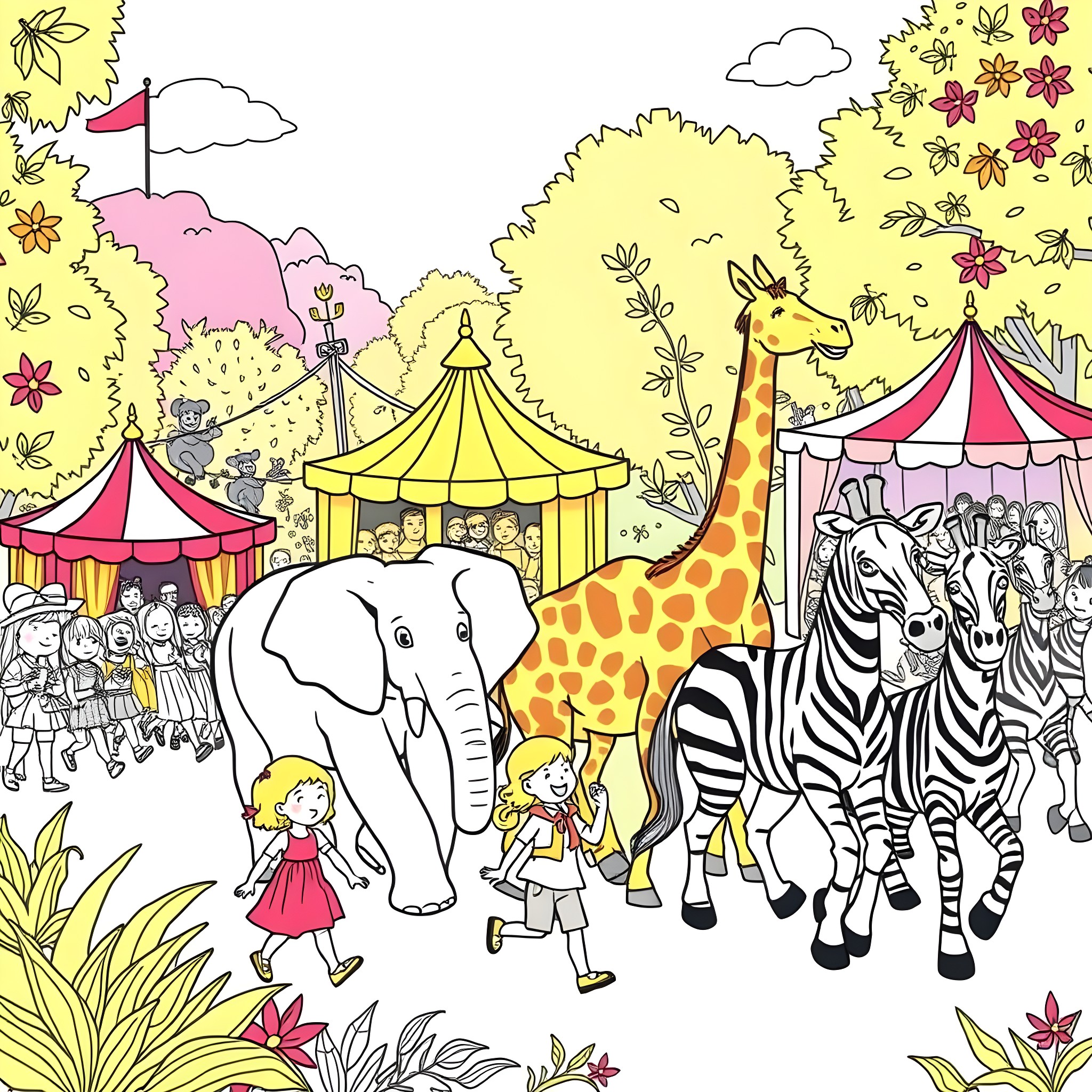 Zoo Animal Carnival Fun and Adventure Coloring Page (free black-and-white line drawing printable PDF for all, from beginners to advanced learners, including children, teens, adults, and seniors)